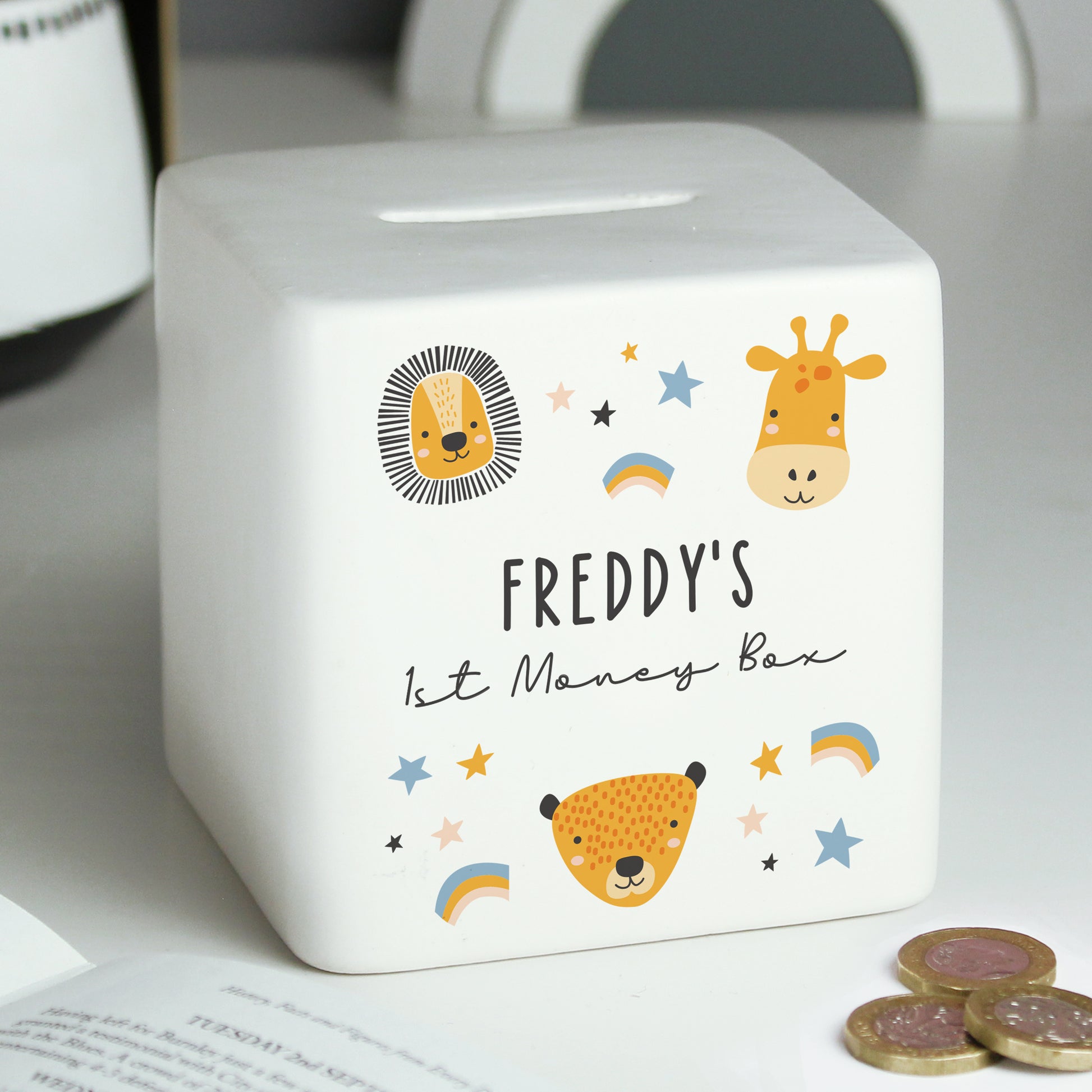 Personalised Scandi Safari Animals Ceramic Square Money Box - image 4