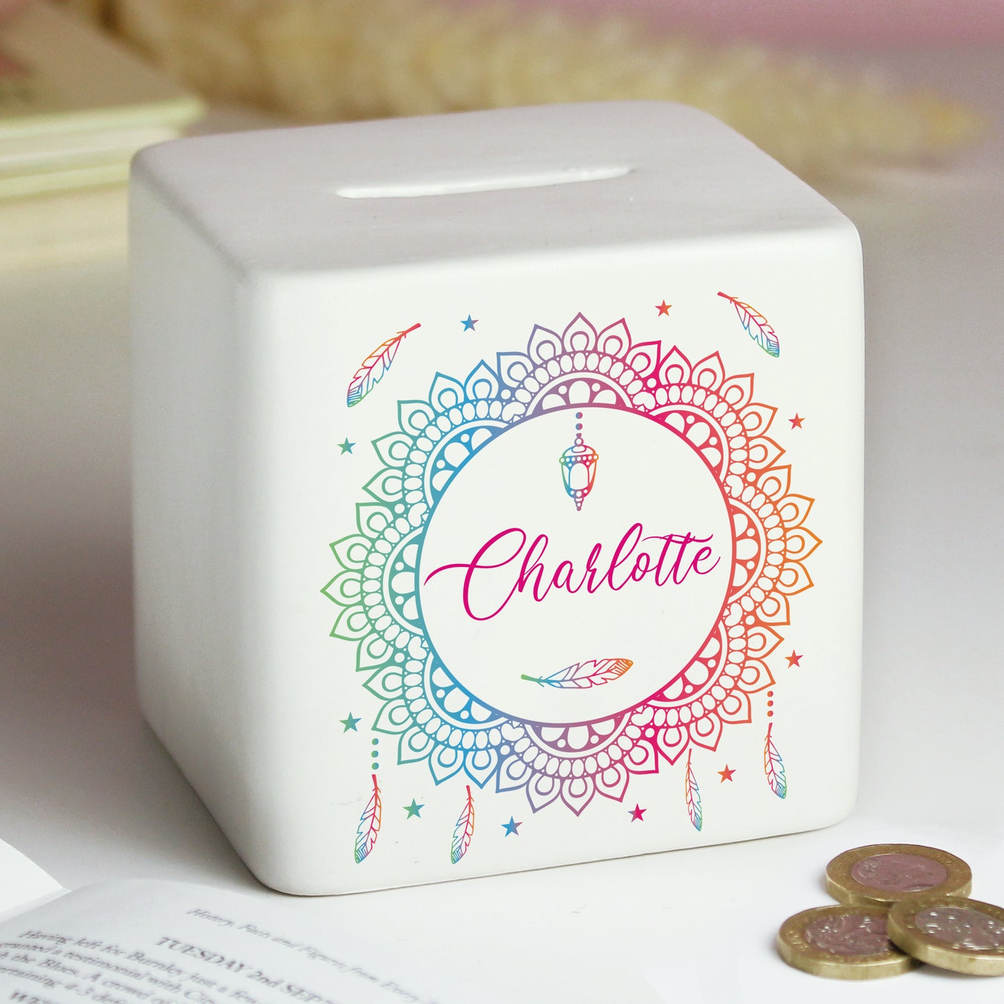 Personalised Dreamcatcher Ceramic Square Money Box from Heartfelt Gifts