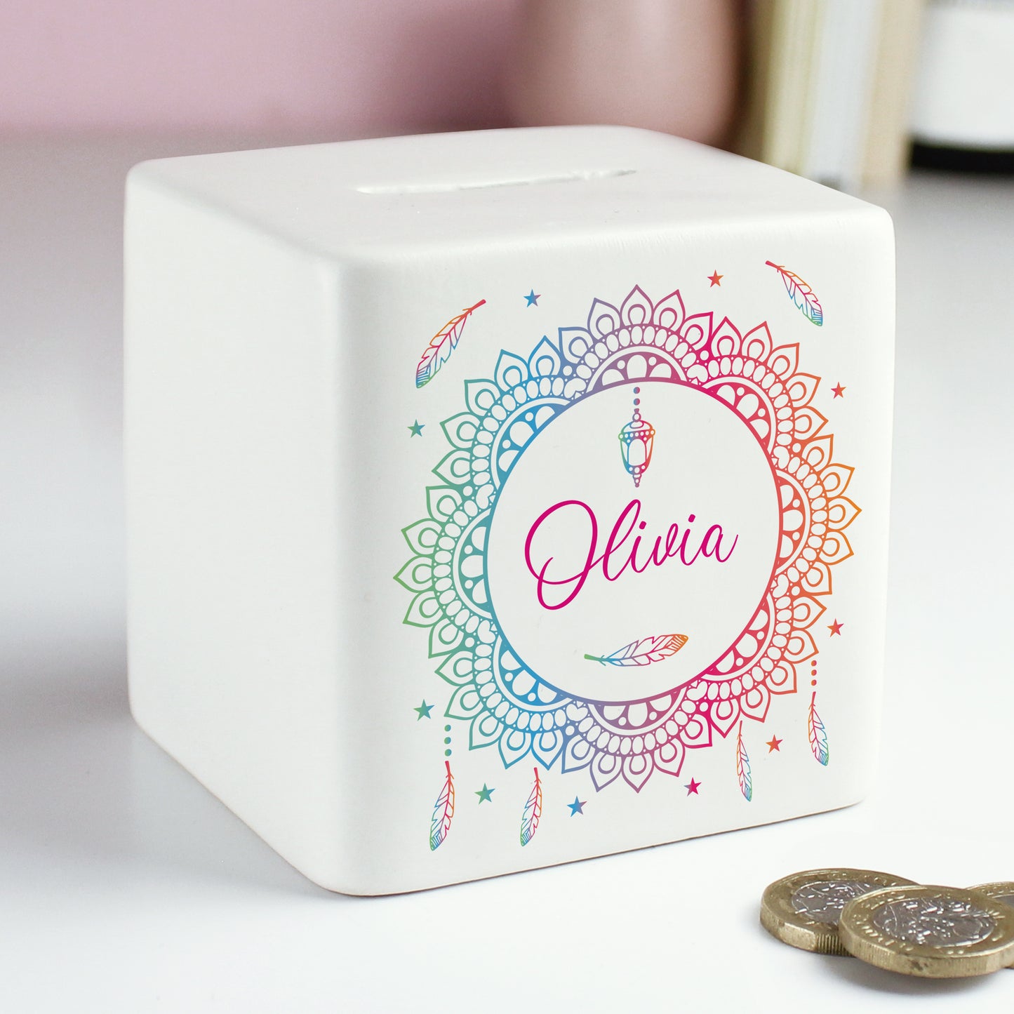 Personalised Dreamcatcher Ceramic Square Money Box - image 2
