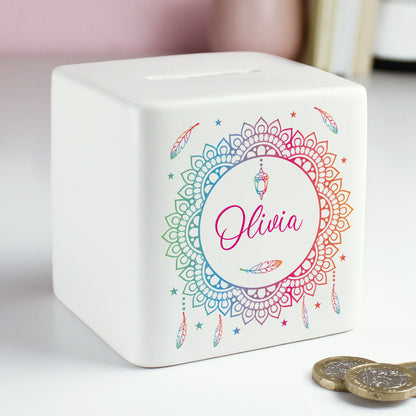 Personalised Dreamcatcher Ceramic Square Money Box - image 2