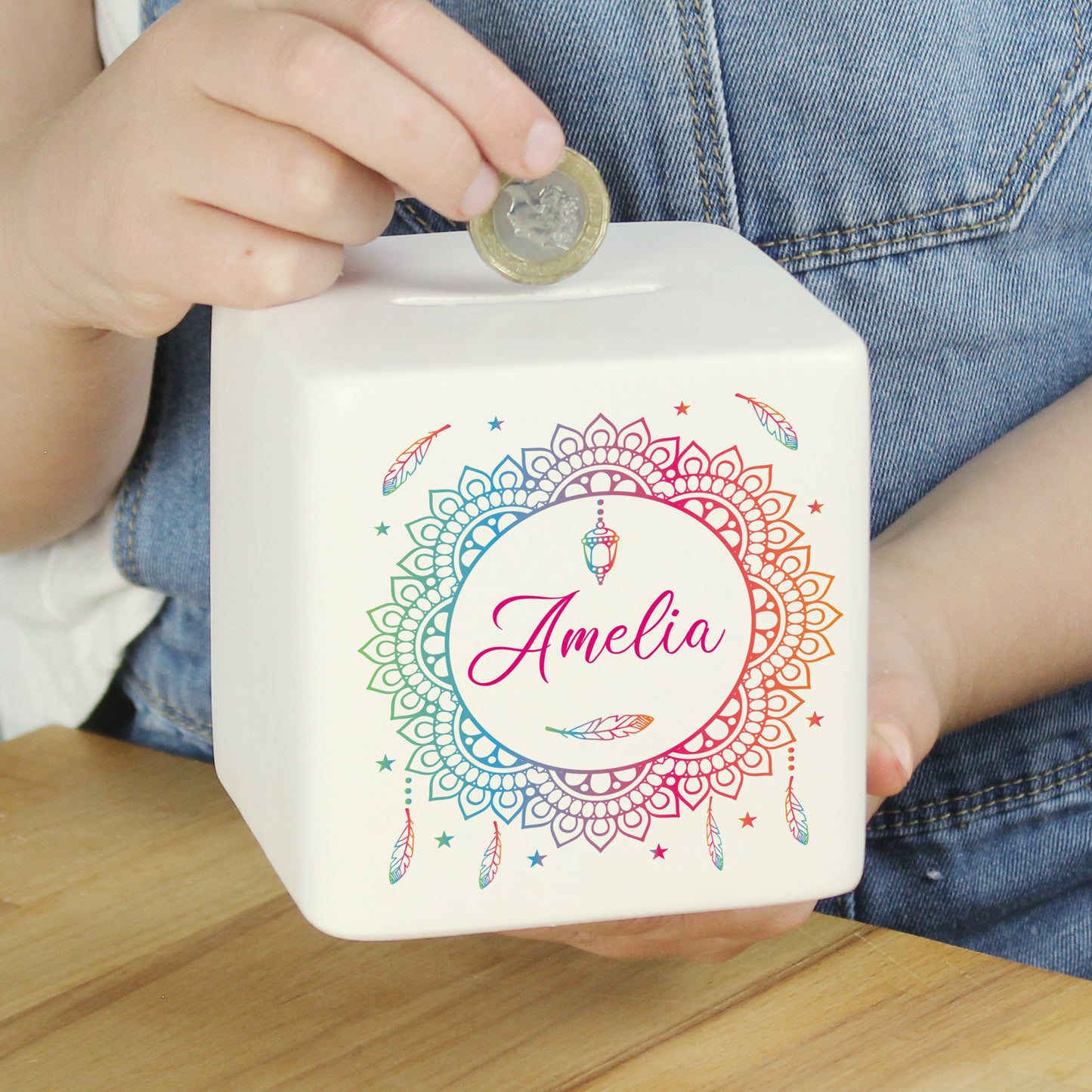 Personalised Dreamcatcher Ceramic Square Money Box - image 3