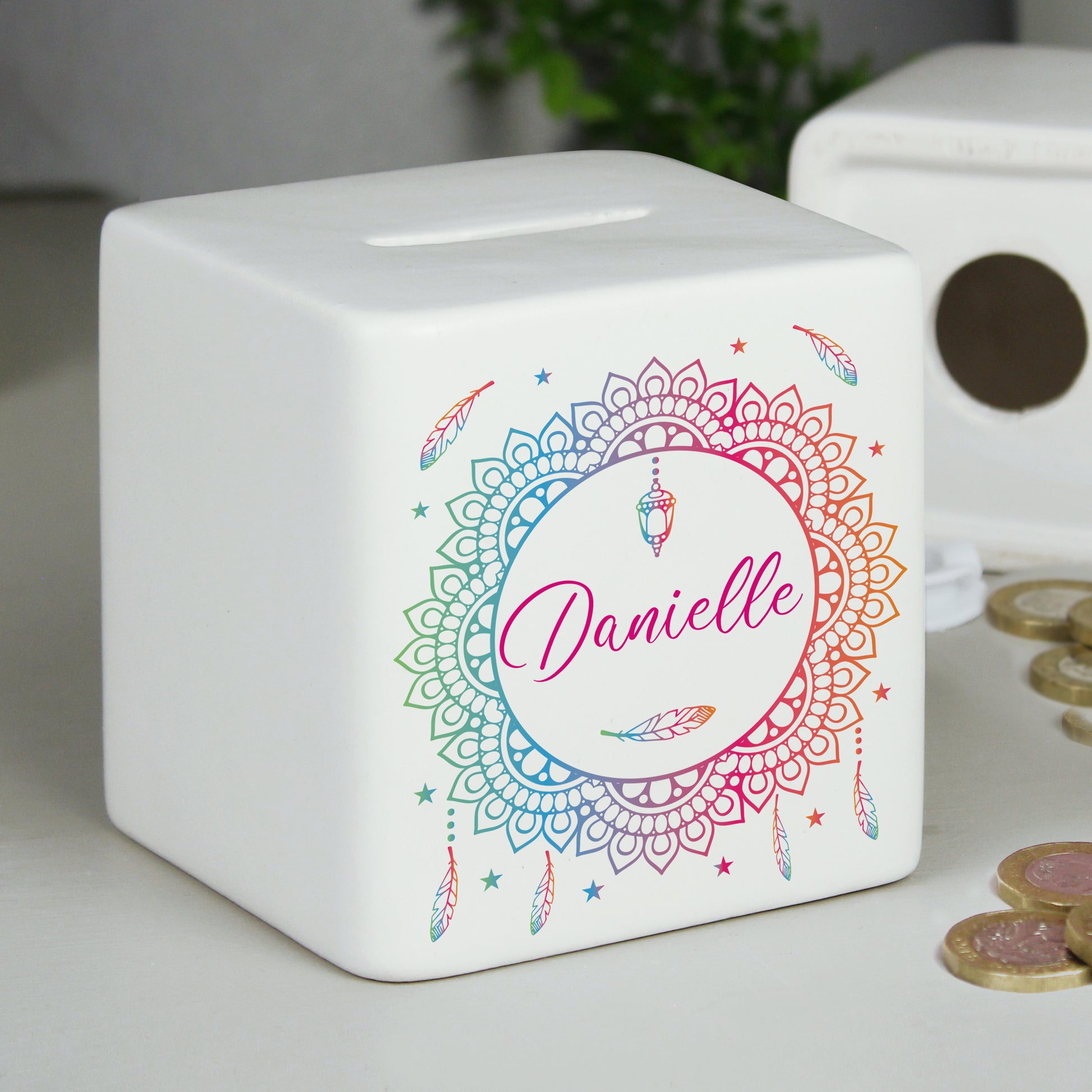 Personalised Dreamcatcher Ceramic Square Money Box - image 4