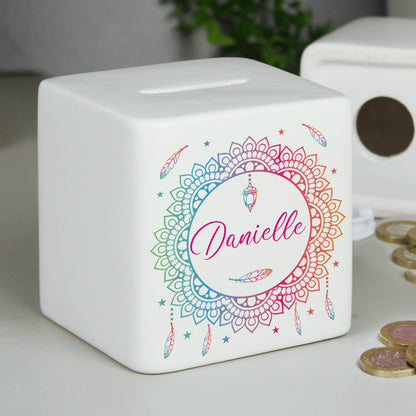 Personalised Dreamcatcher Ceramic Square Money Box - image 4