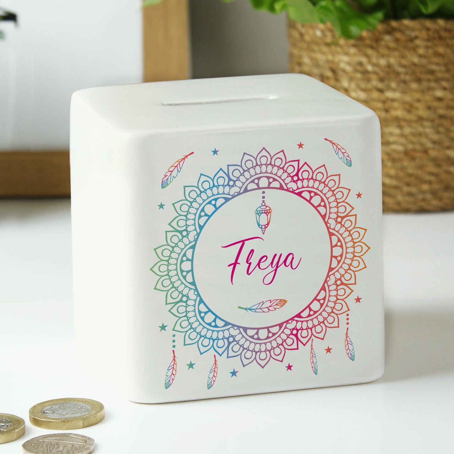 Personalised Dreamcatcher Ceramic Square Money Box - image 6
