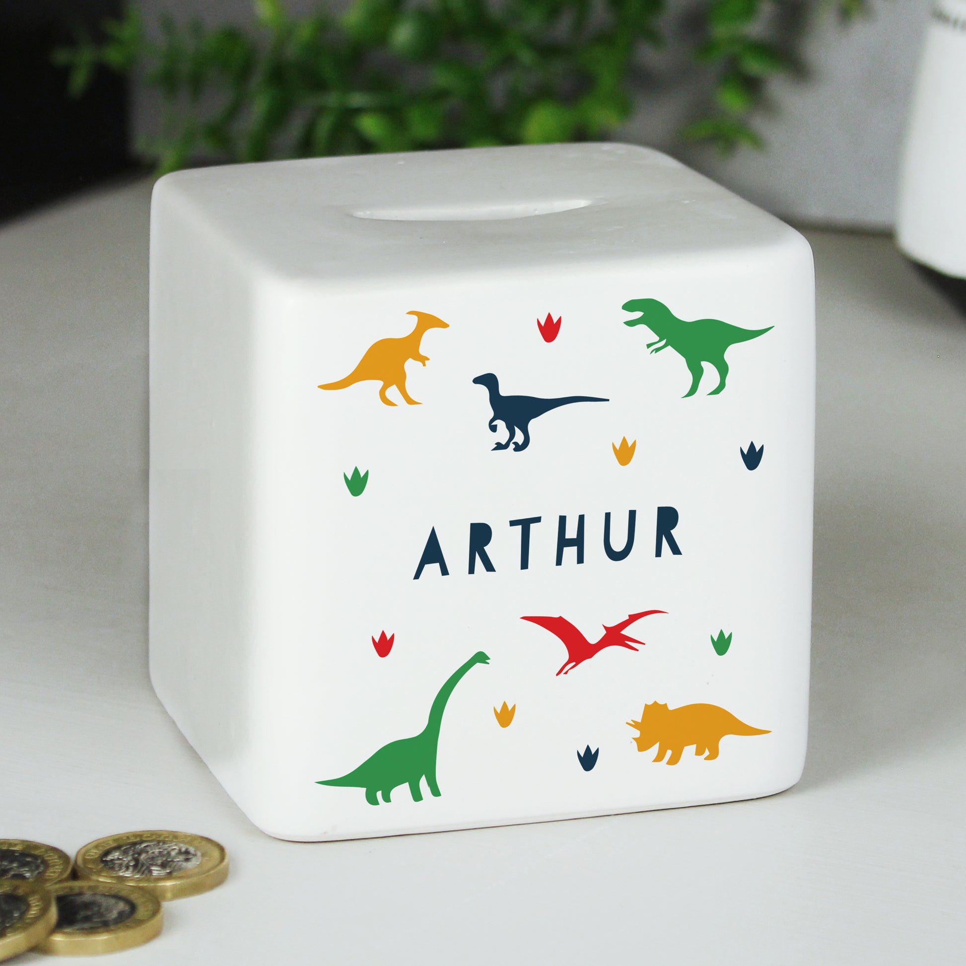 Personalised Dinosaur Ceramic Square Money Box from Heartfelt Gifts