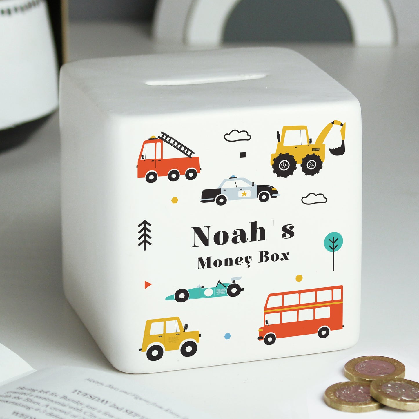 Personalised Vehicles Ceramic Square Money Box from Heartfelt Gifts