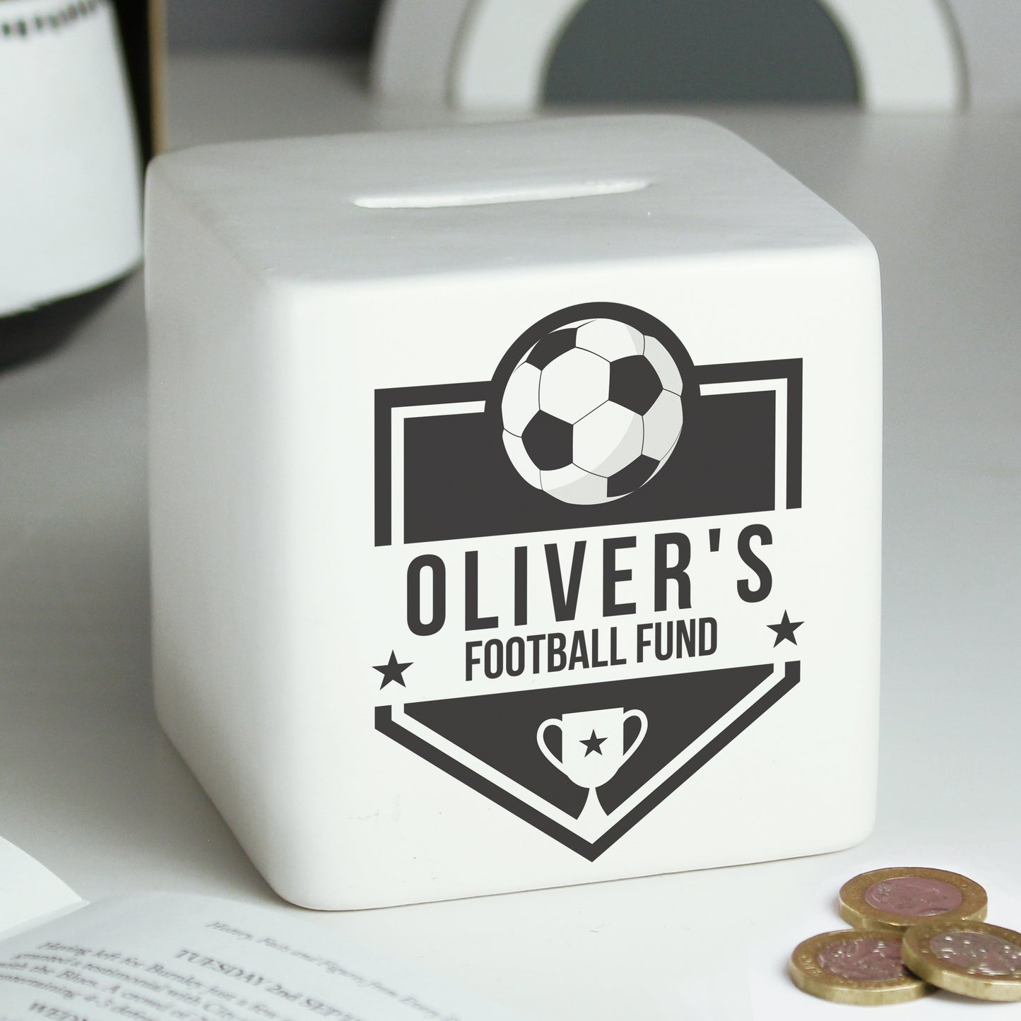 Personalised Football Badge Ceramic Square Money Box from Heartfelt Gifts