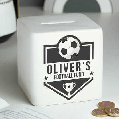 Personalised Football Badge Ceramic Square Money Box from Heartfelt Gifts