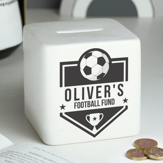 Personalised Football Badge Ceramic Square Money Box from Heartfelt Gifts