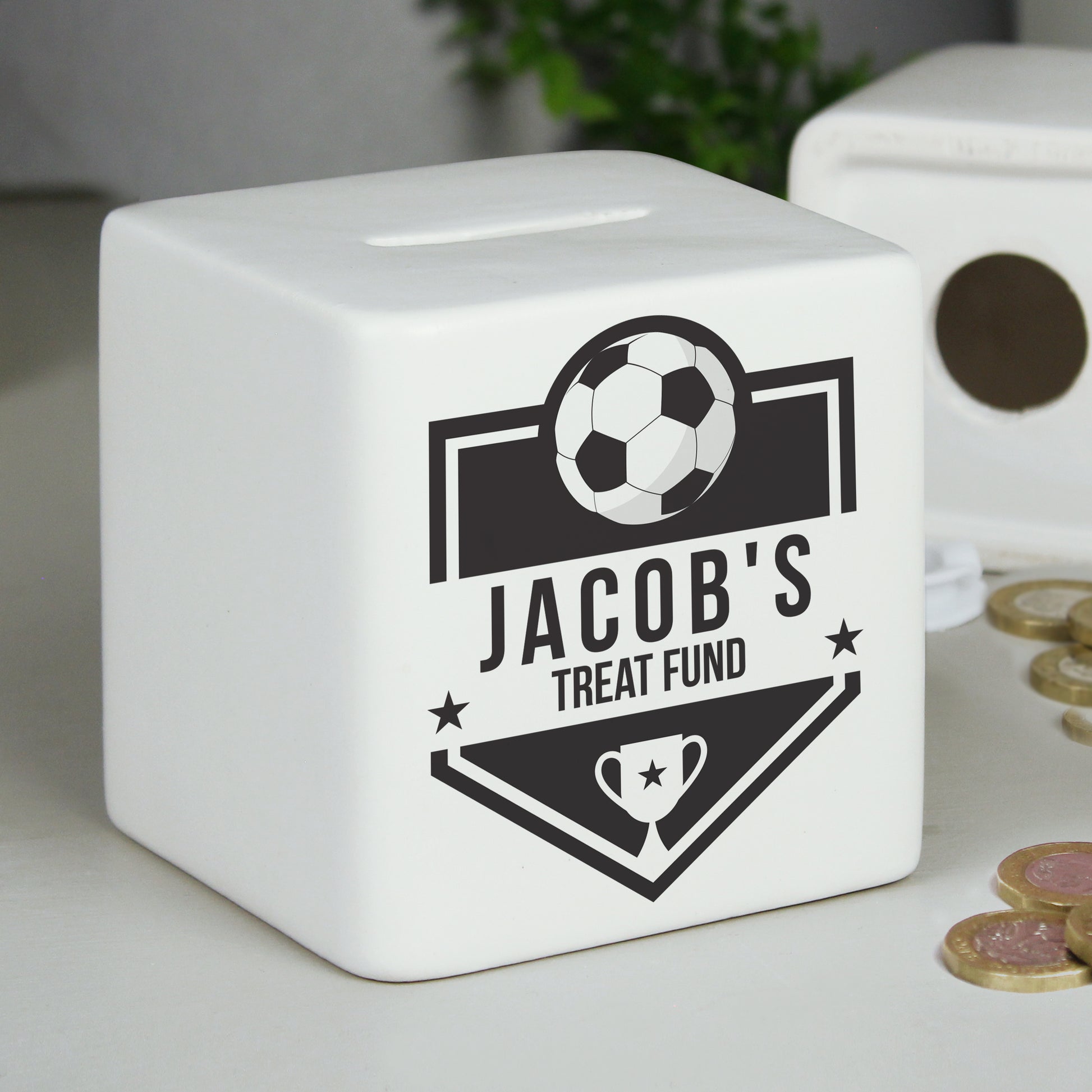 Personalised Football Badge Ceramic Square Money Box - image 2