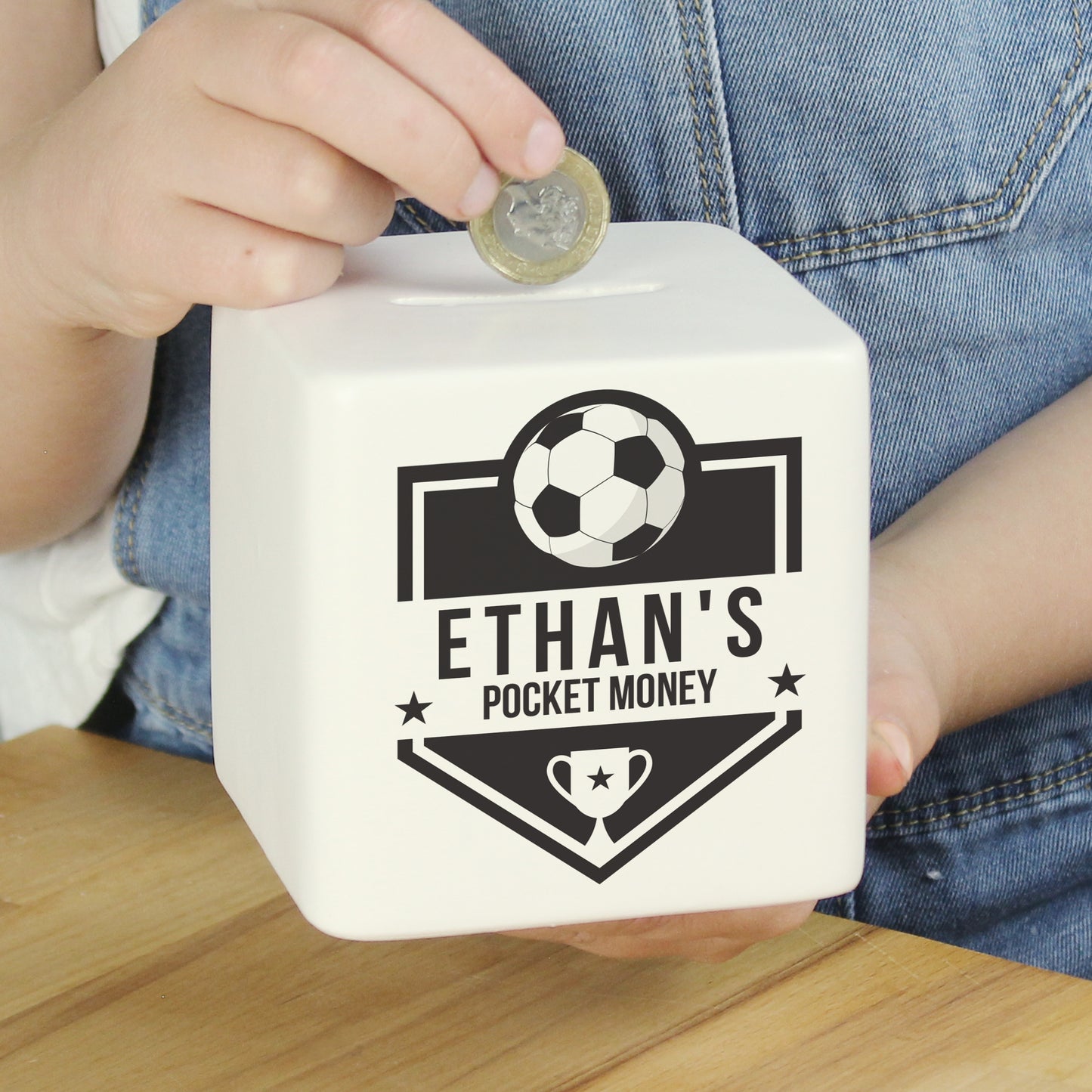 Personalised Football Badge Ceramic Square Money Box - image 3
