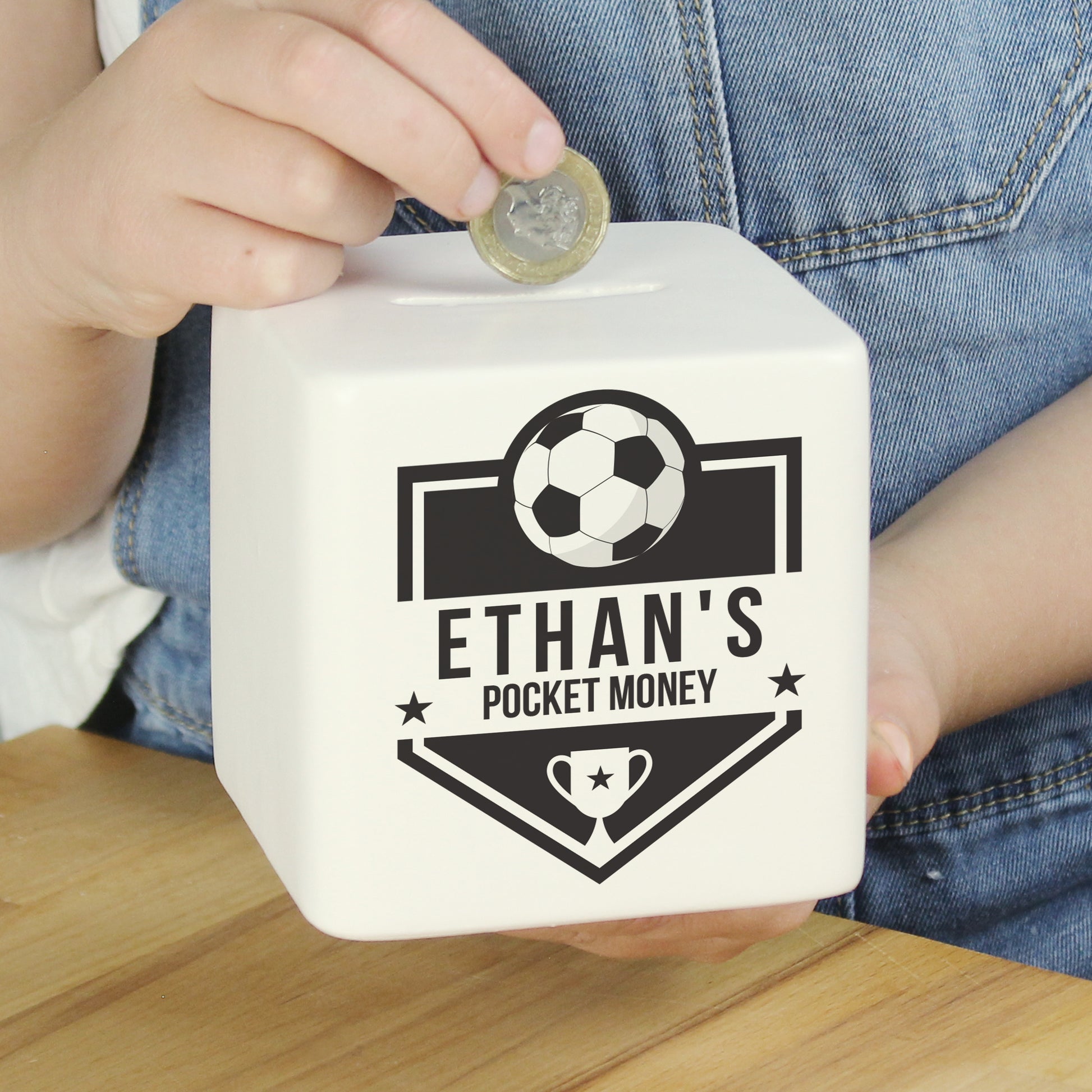 Personalised Football Badge Ceramic Square Money Box - image 3