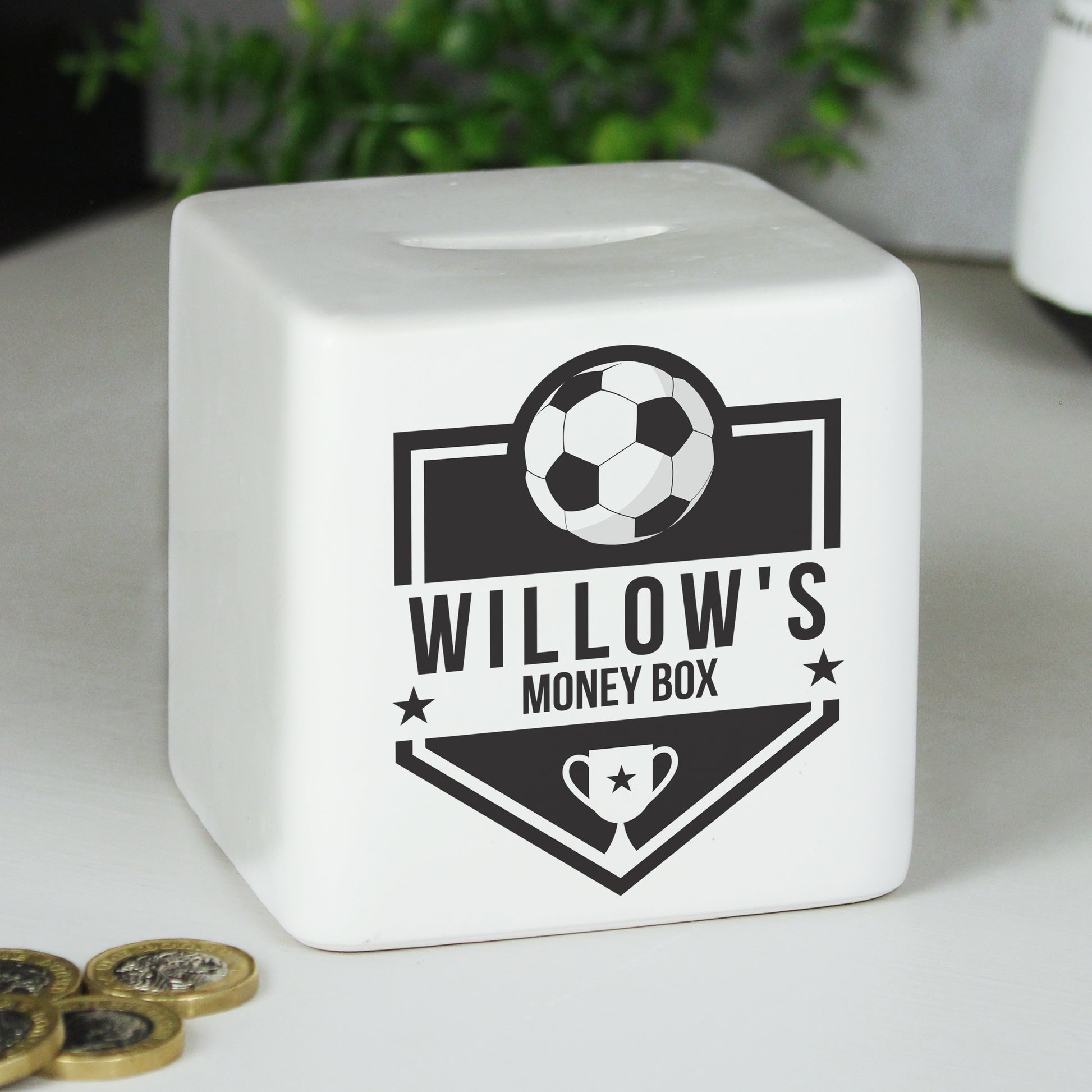 Personalised Football Badge Ceramic Square Money Box - image 6