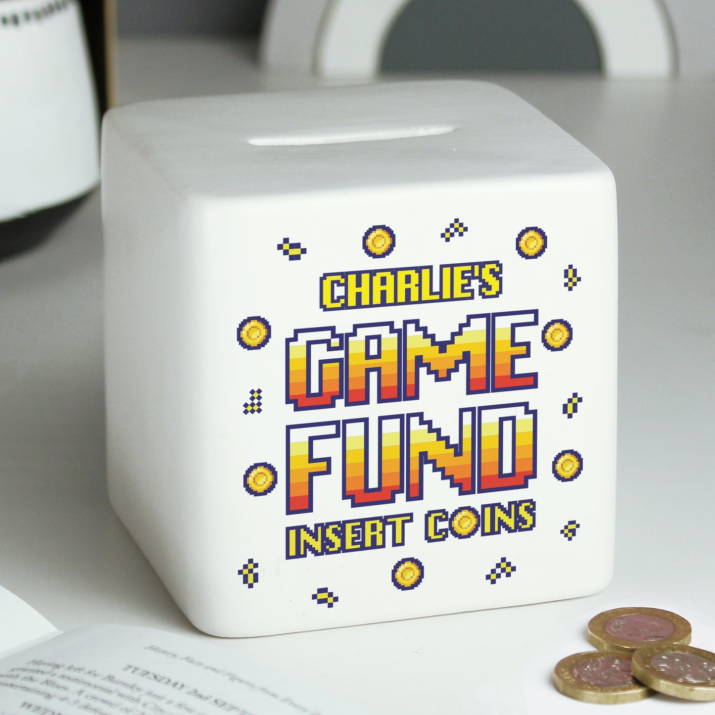 Personalised Gaming Fund Ceramic Square Money Box from Heartfelt Gifts