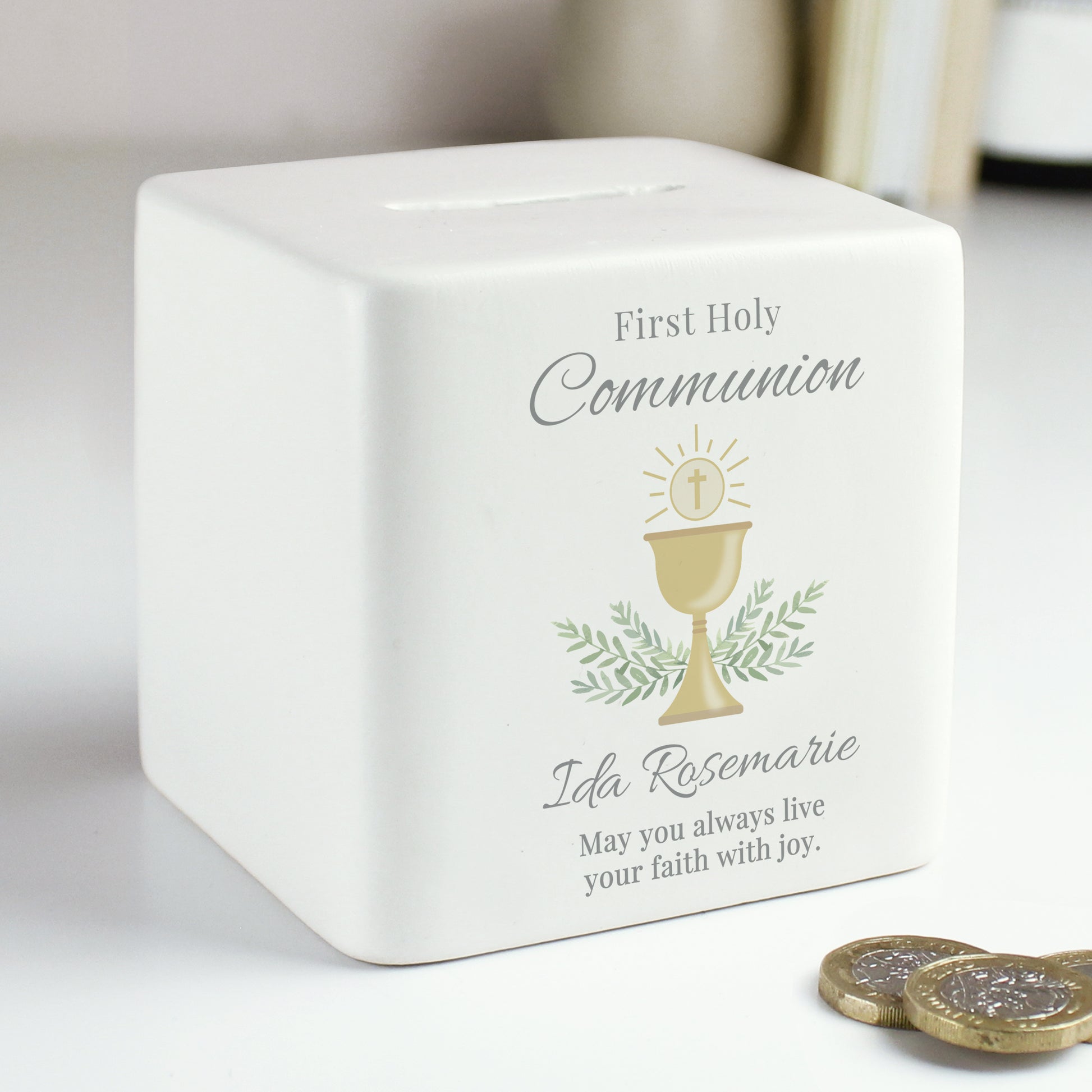 Personalised First Holy Communion Ceramic Square Money Box from Heartfelt Gifts