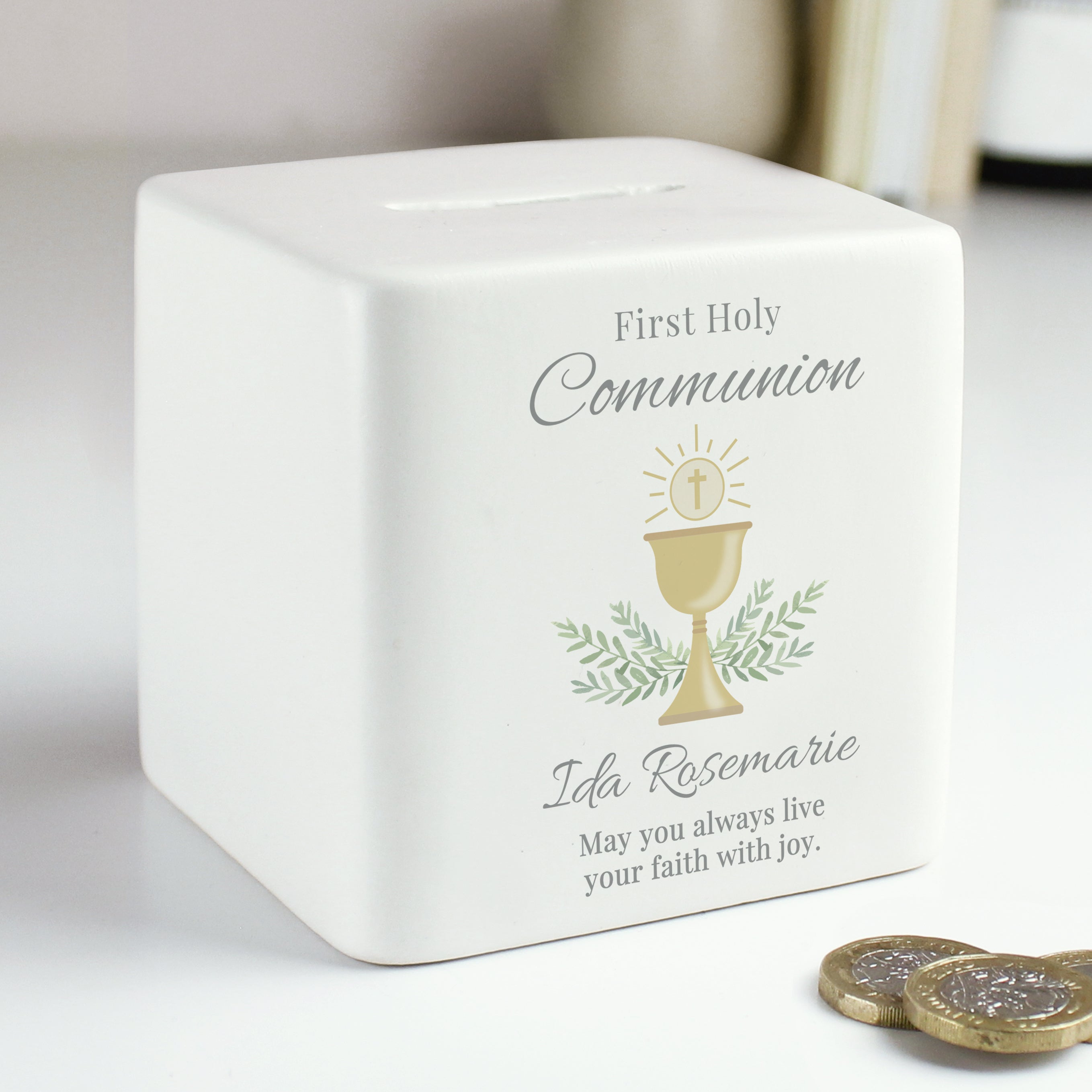 Personalised First Holy Communion Ceramic Square Money Box from Heartfelt Gifts