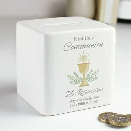 Personalised First Holy Communion Ceramic Square Money Box from Heartfelt Gifts