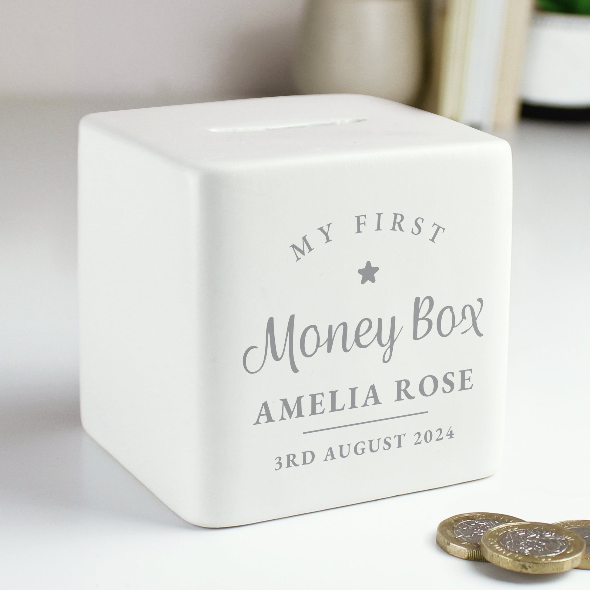 Personalised My First Ceramic Square Money Box from Heartfelt Gifts