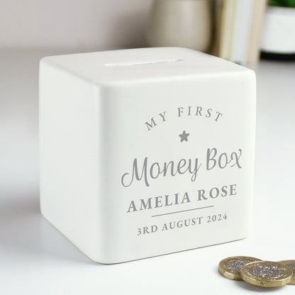 Personalised My First Ceramic Square Money Box from Heartfelt Gifts
