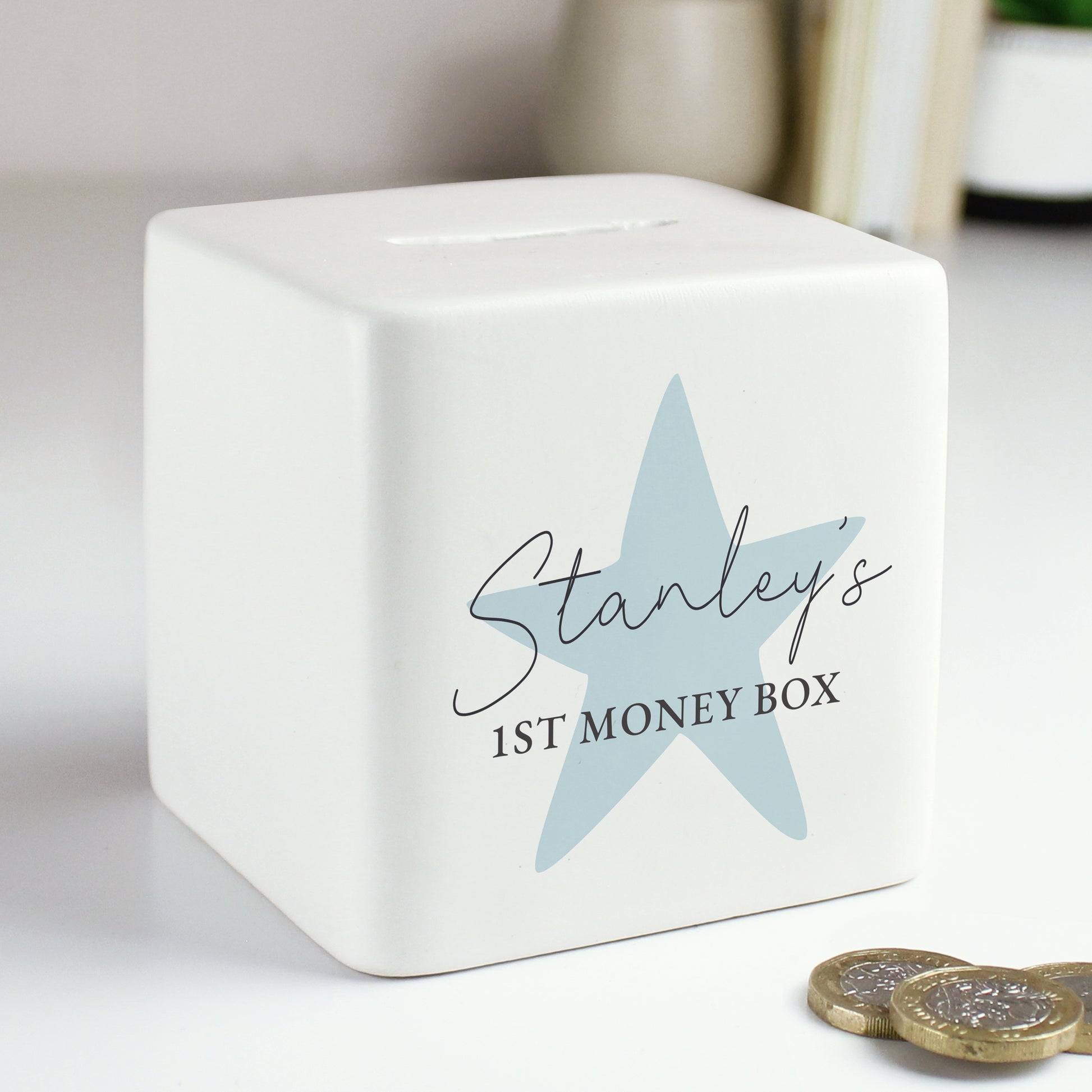 Personalised Blue Star Ceramic Square Money Box from Heartfelt Gifts