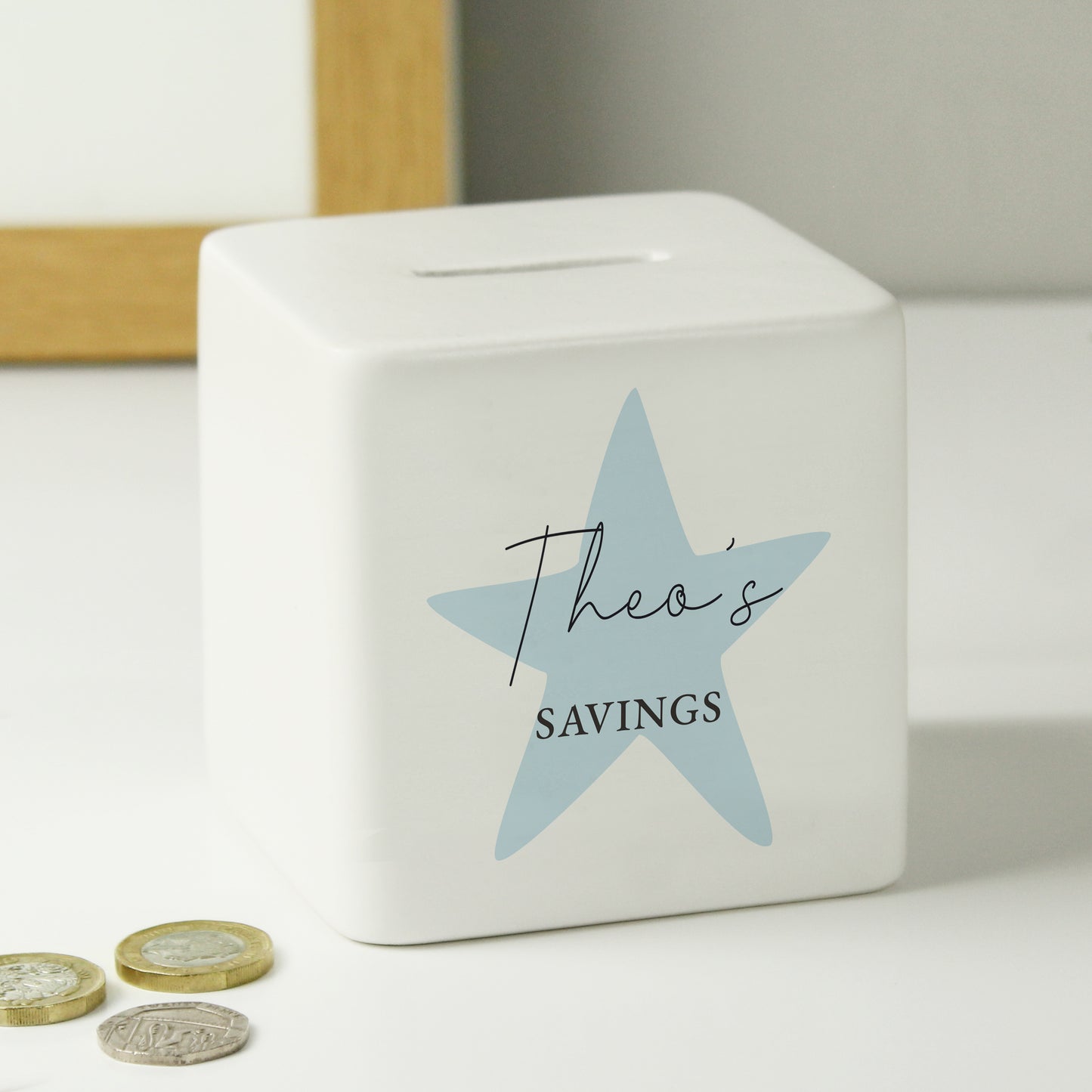 Personalised Blue Star Ceramic Square Money Box - image 2