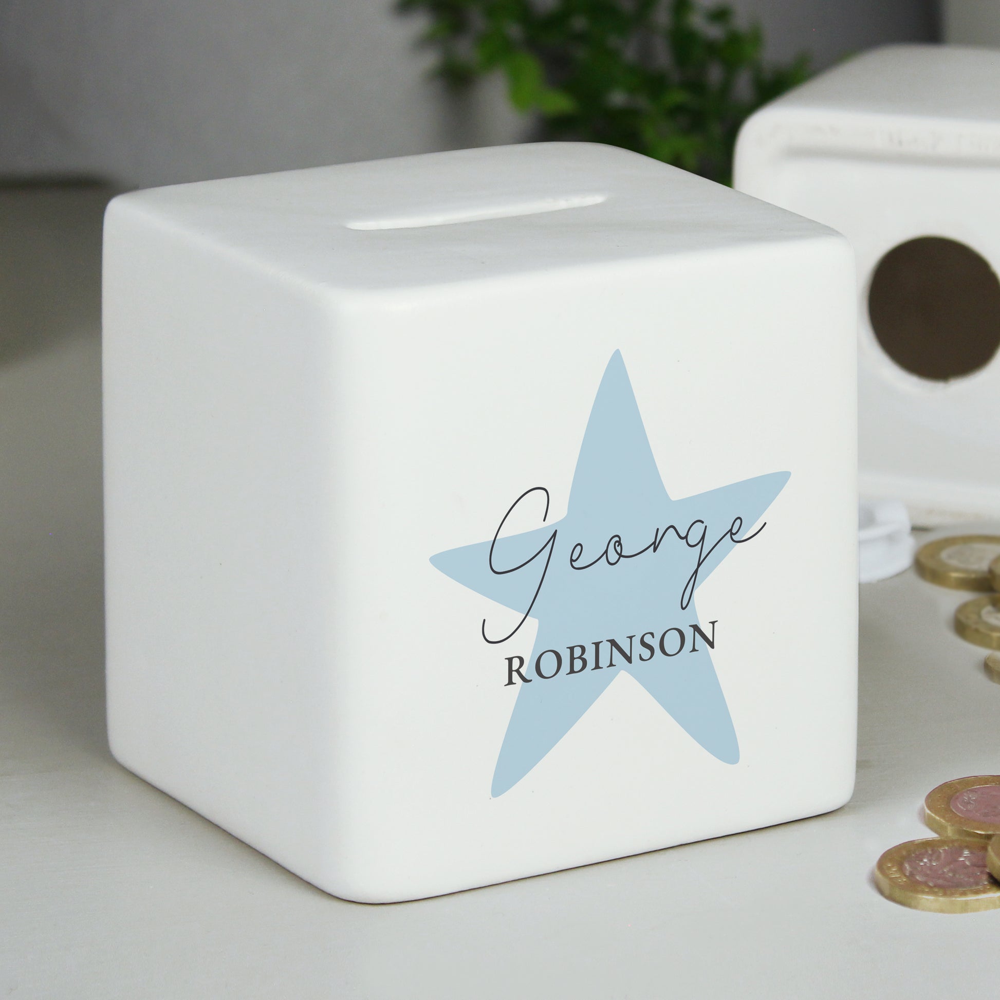 Personalised Blue Star Ceramic Square Money Box - image 3