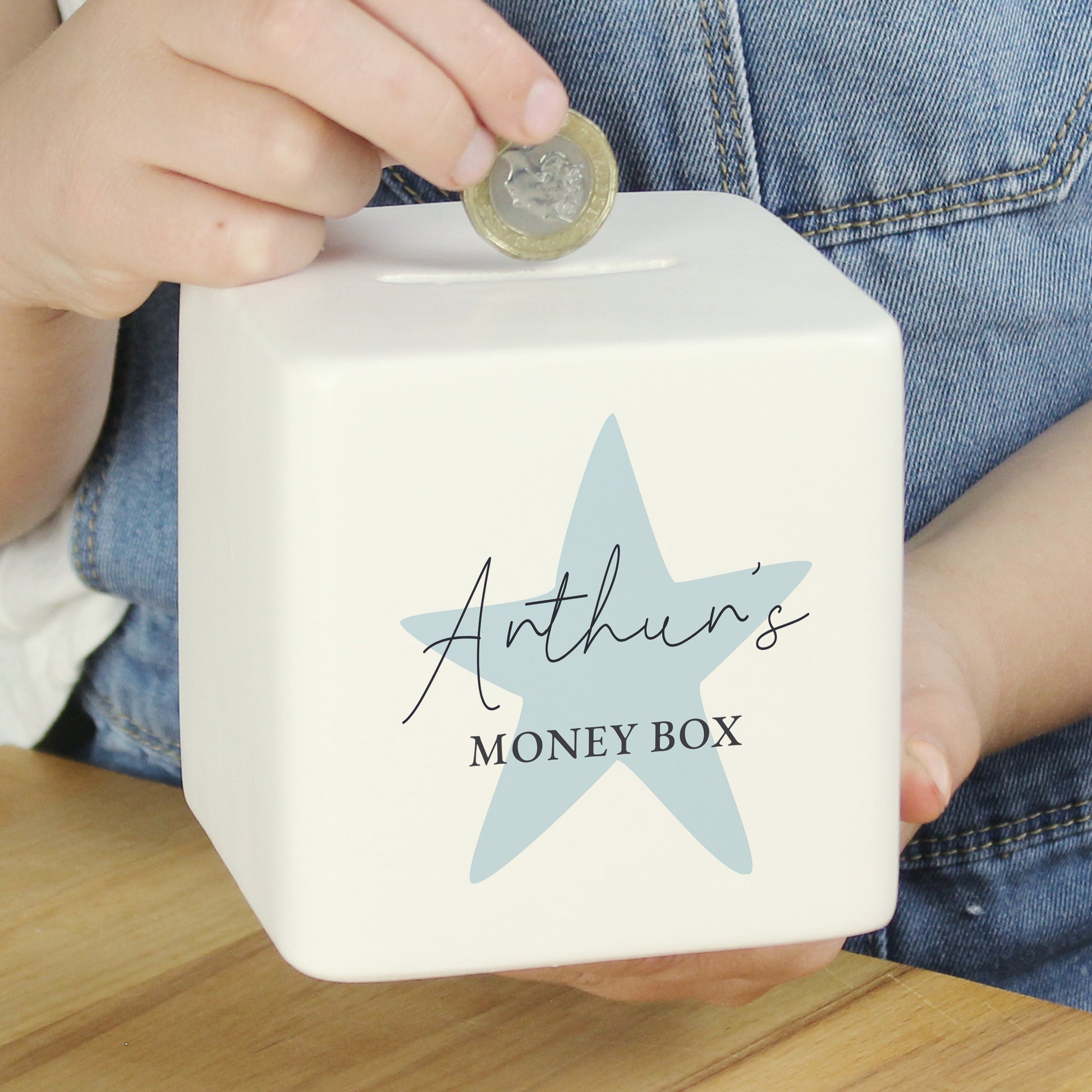 Personalised Blue Star Ceramic Square Money Box - image 4