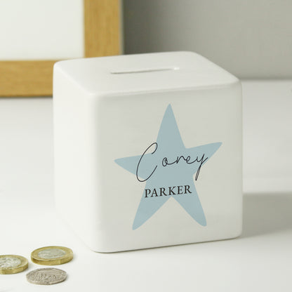 Personalised Blue Star Ceramic Square Money Box - image 6