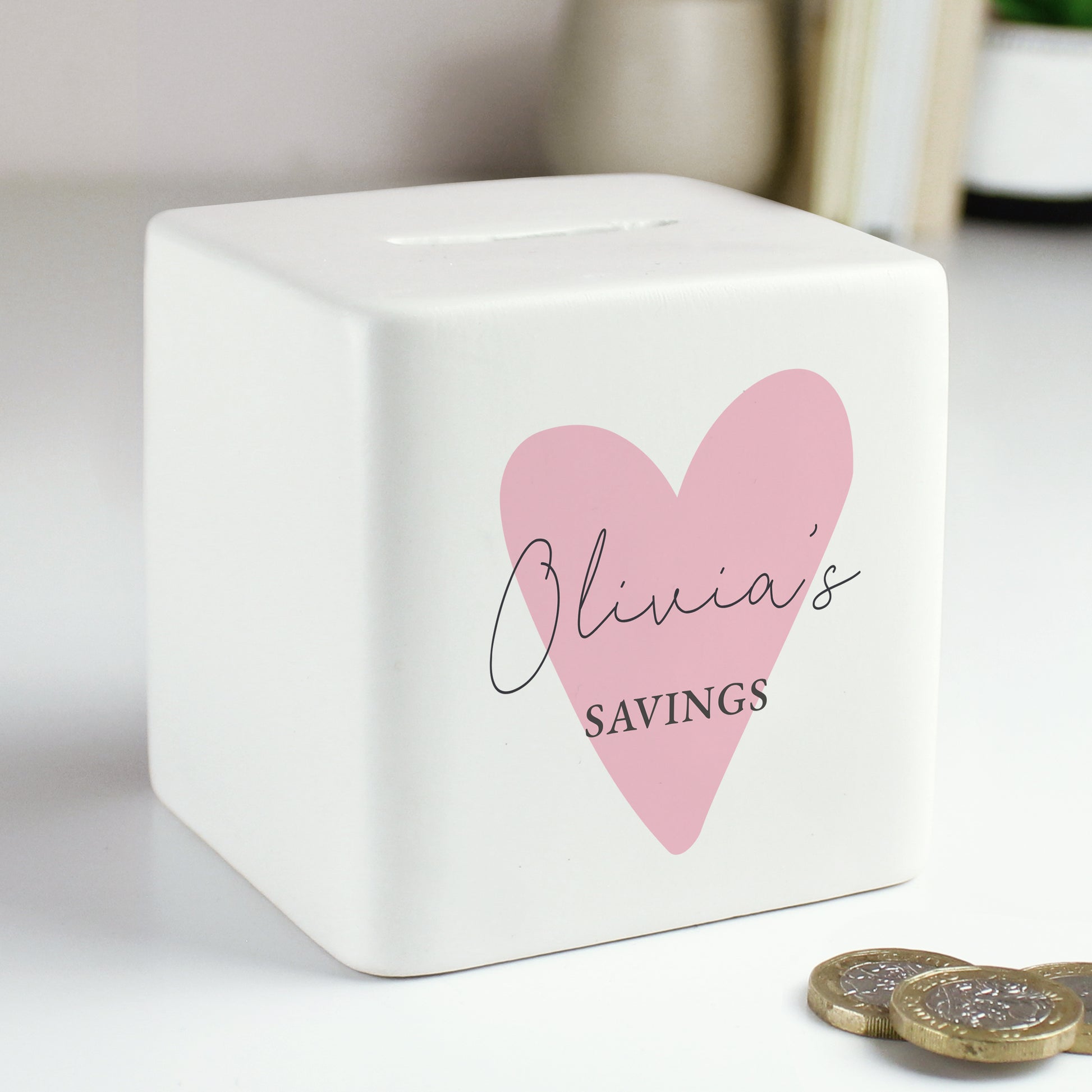 Personalised Pink Heart Ceramic Square Money Box from Heartfelt Gifts