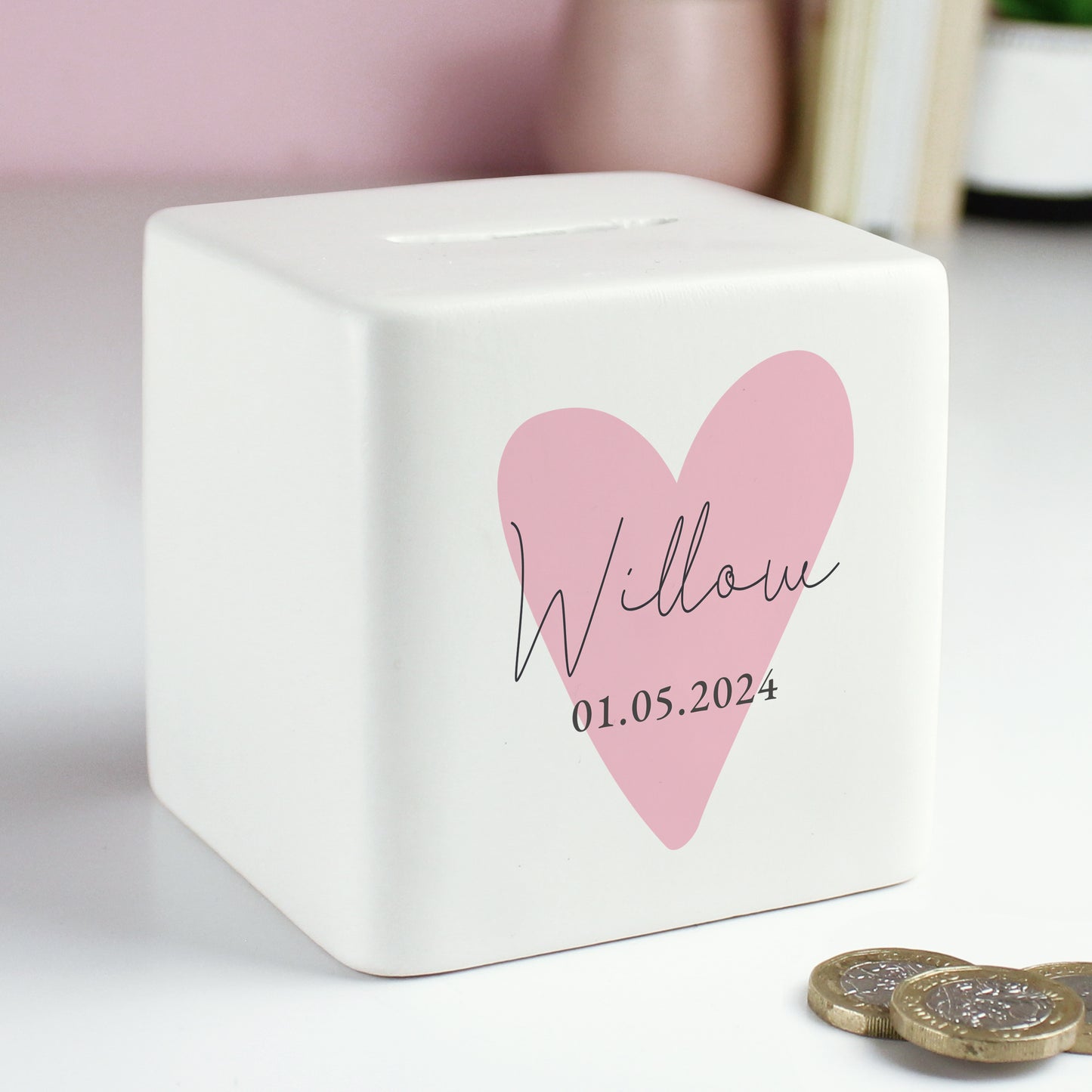 Personalised Pink Heart Ceramic Square Money Box - image 2