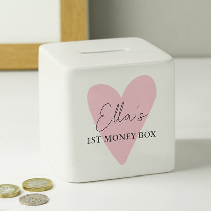 Personalised Pink Heart Ceramic Square Money Box - image 3