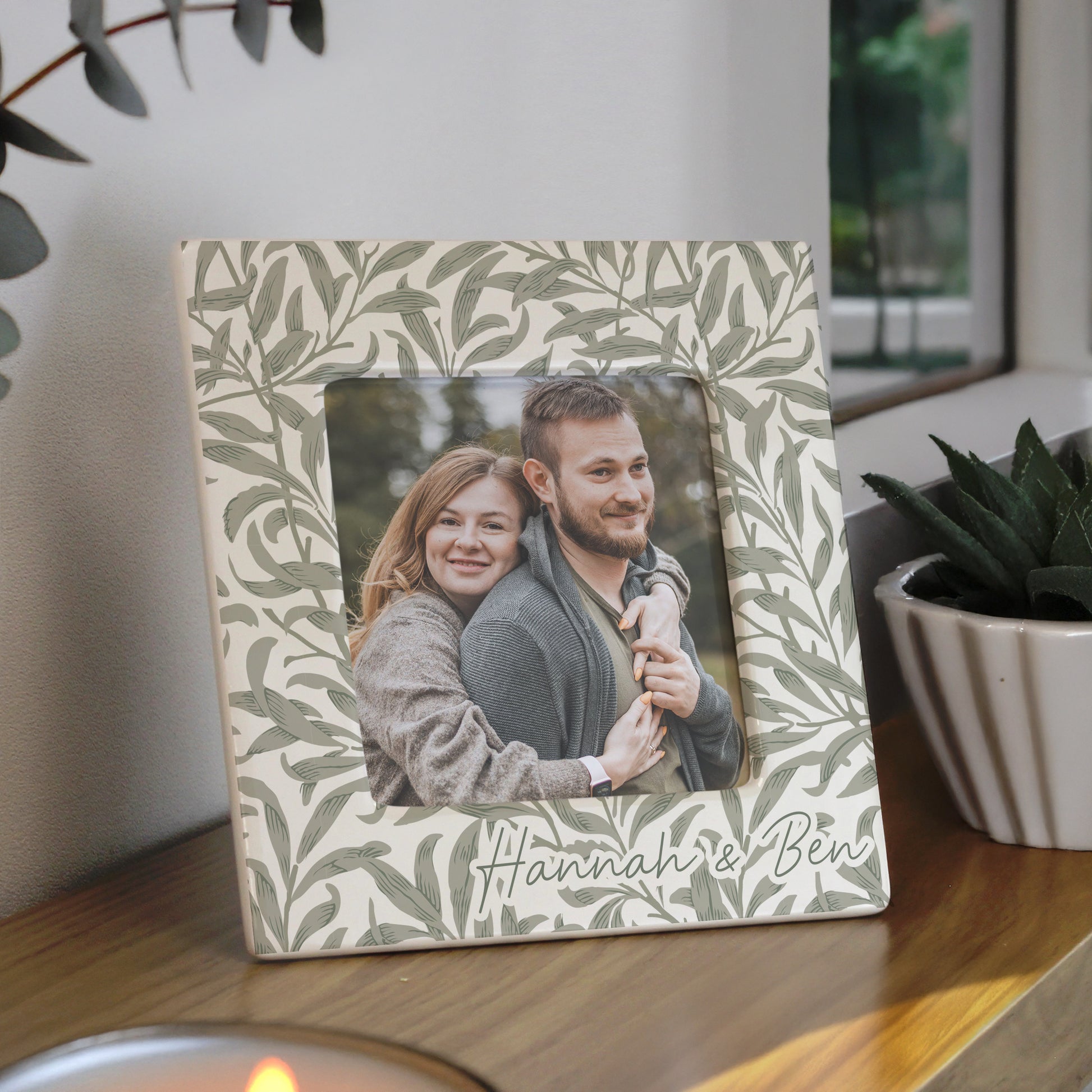 Personalised Leaf Print Ceramic 4x4 Photo Frame – Botanical Birthday Gift for Her