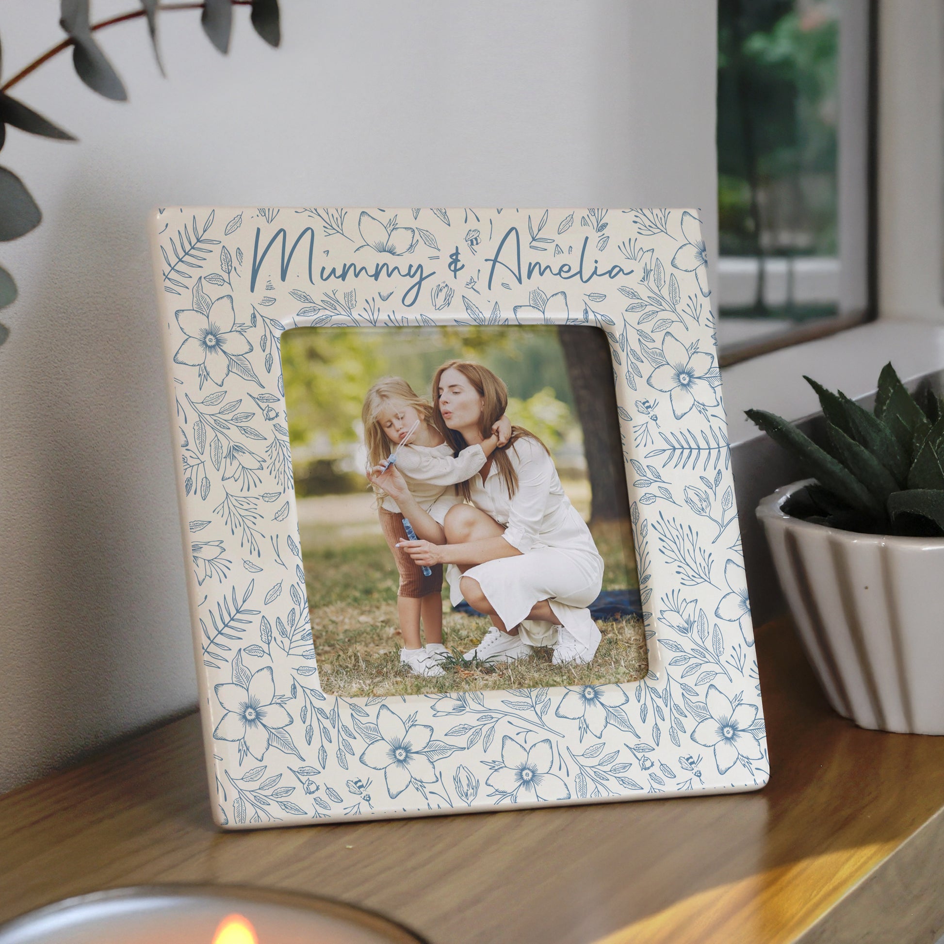 Personalised Blue Floral Ceramic 4x4 Photo Frame – Elegant Birthday Gift for Her