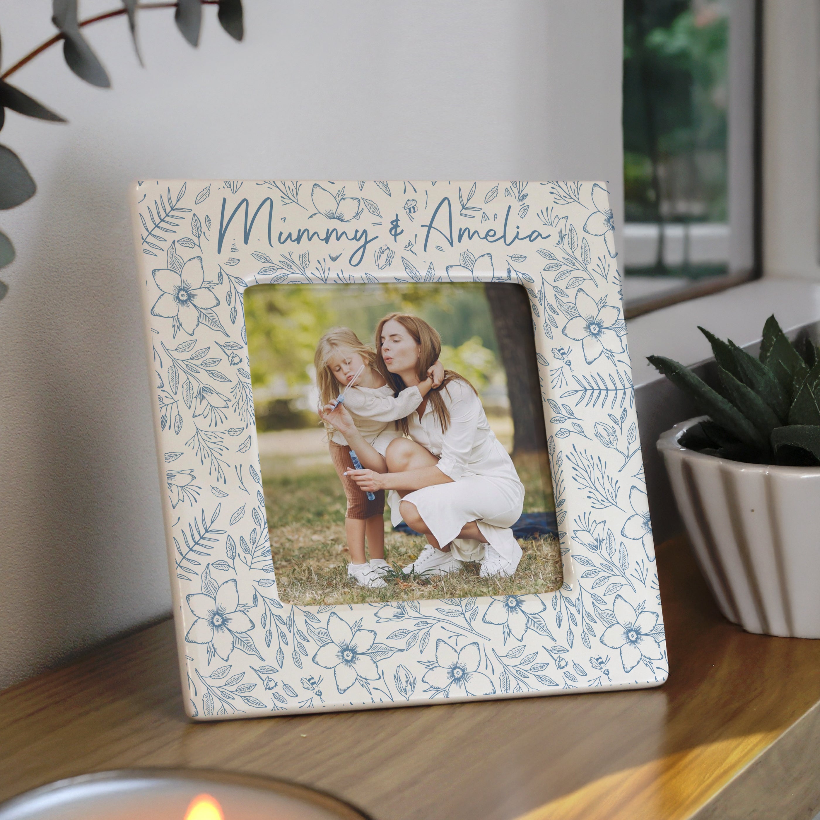 Personalised Blue Floral Ceramic 4x4 Photo Frame – Elegant Birthday Gift for Her