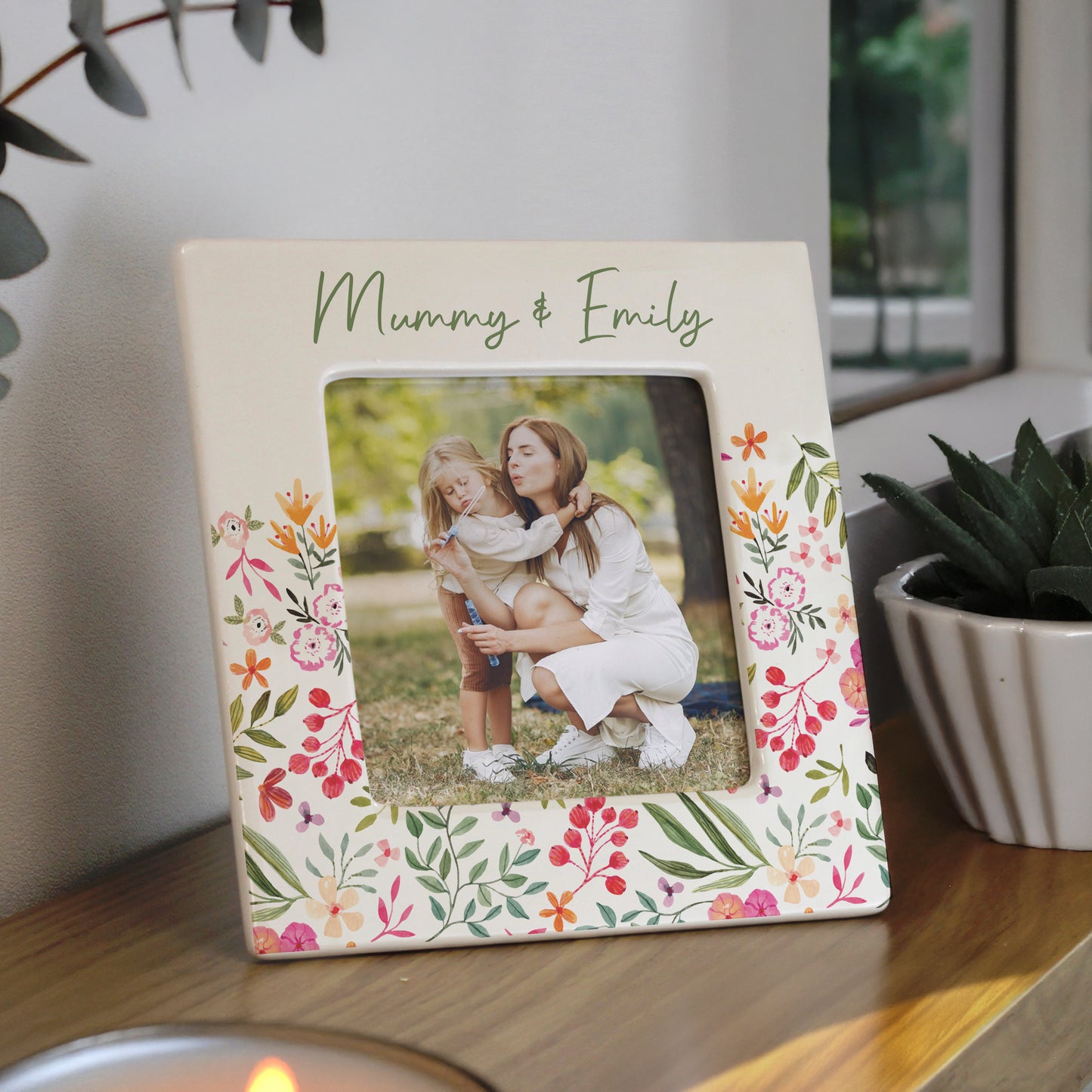 Personalised Floral Ceramic 4x4 Photo Frame – Elegant Birthday Gift for Her