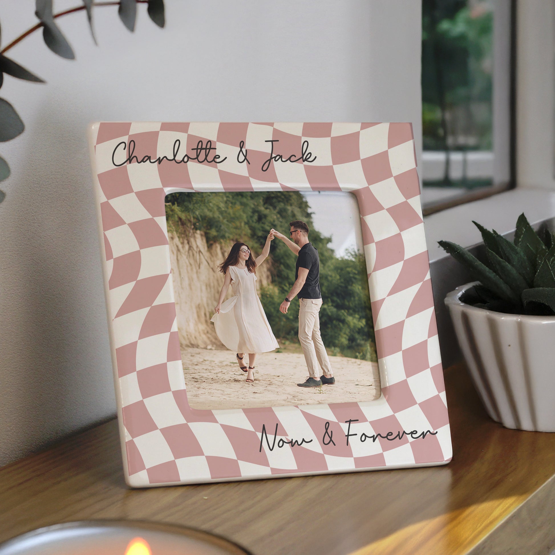 Personalised Pink Checkerboard Ceramic 4x4 Photo Frame – Birthday Gift for Her