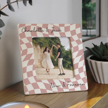 Personalised Pink Checkerboard Ceramic 4x4 Photo Frame – Birthday Gift for Her
