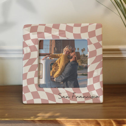 Personalised Pink Checkerboard Ceramic 4x4 Photo Frame – Birthday Gift for Her - image 2