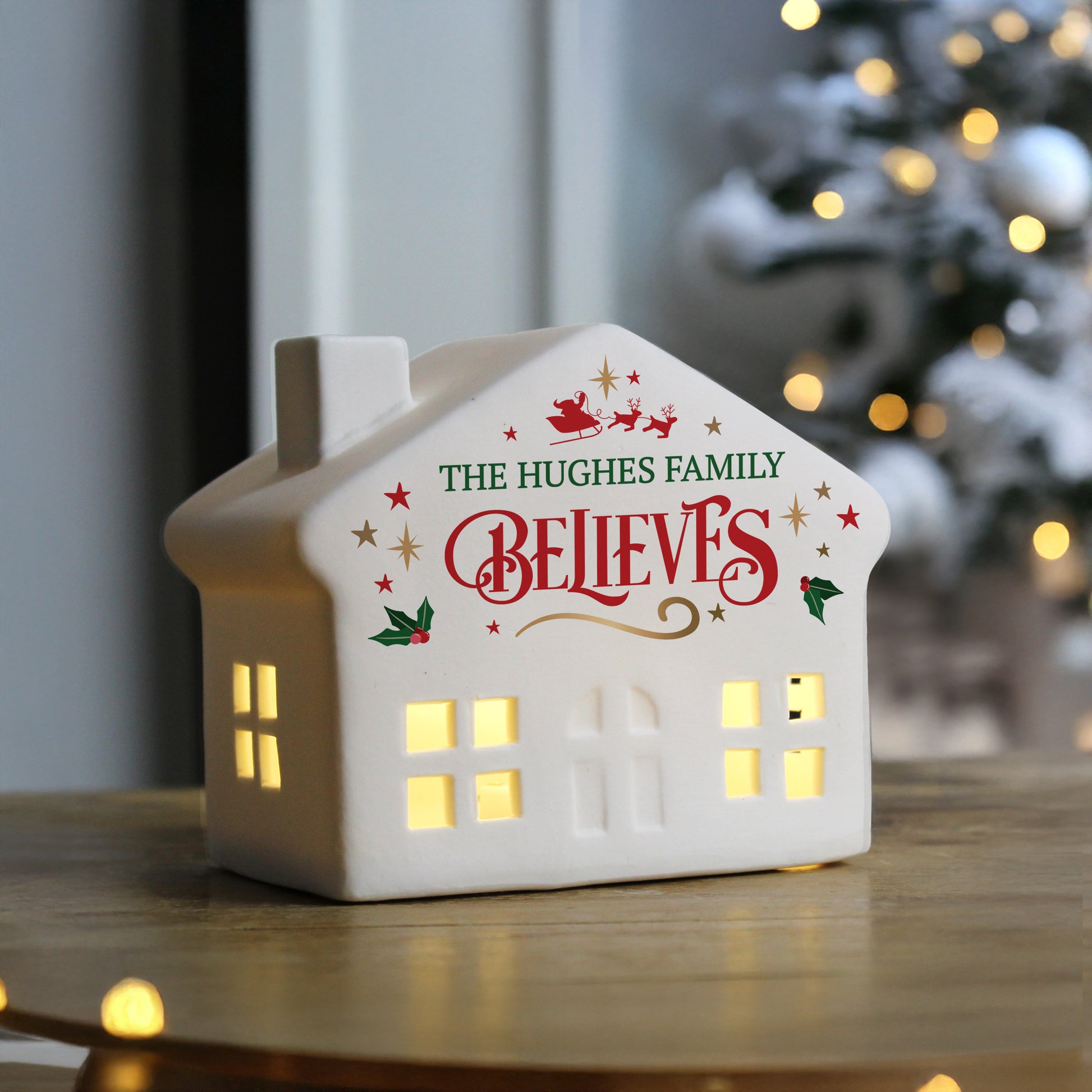Personalised Believe in Christmas LED Ceramic Light Up House – Christmas Gift