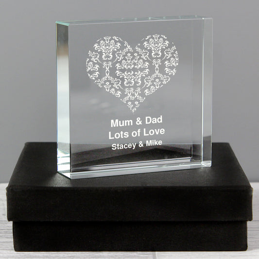 Personalised Damask White Heart Crystal Token from Heartfelt Gifts