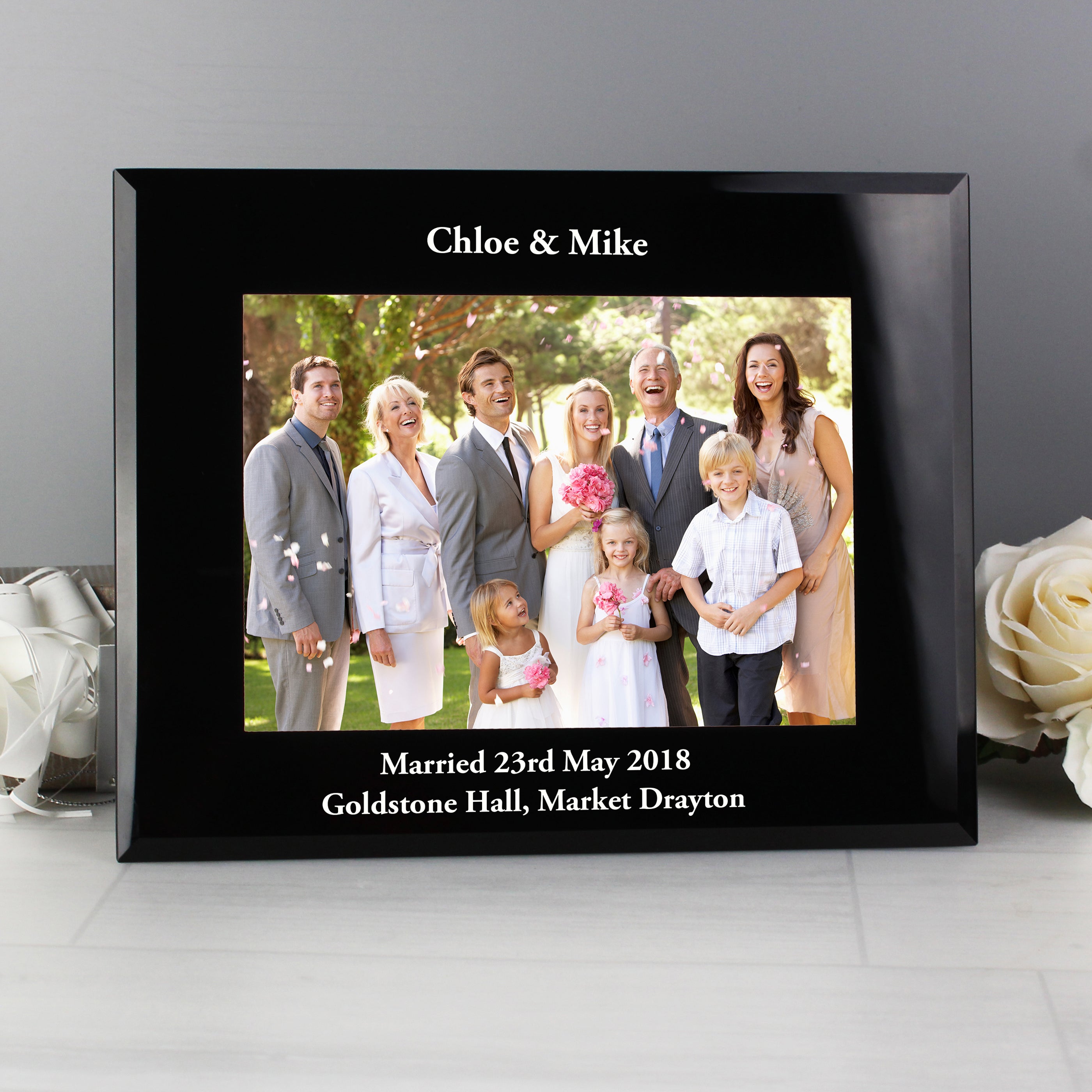 Personalised 5x7 Landscape Black Glass Photo Frame from Heartfelt Gifts