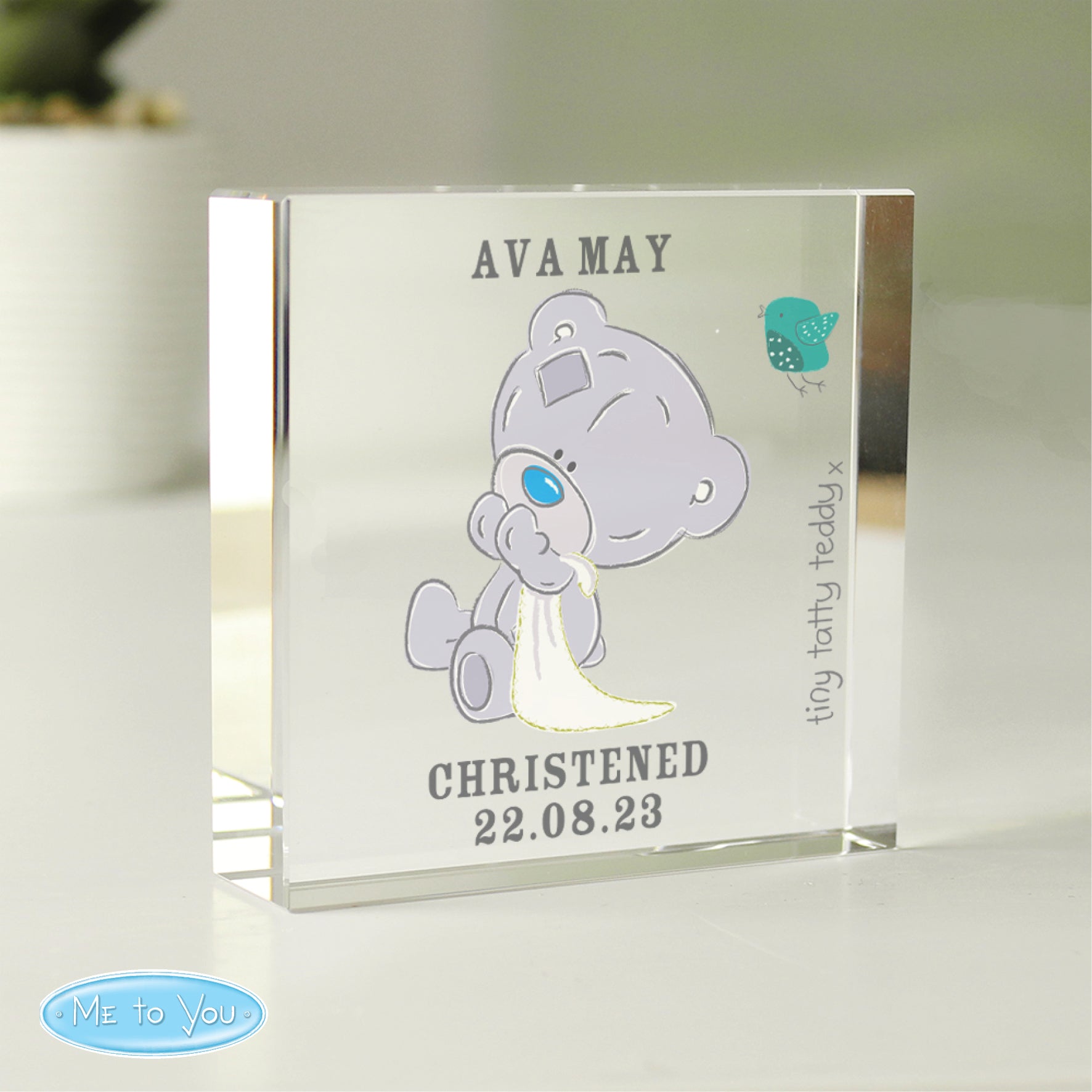 Personalised Tiny Tatty Teddy Christening Crystal Token from Heartfelt Gifts