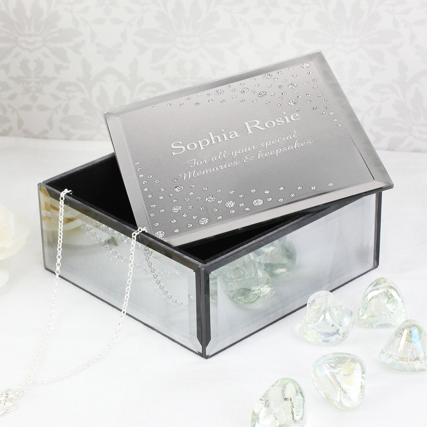 Personalised Diamante Name & Message Glass Trinket Box from Heartfelt Gifts