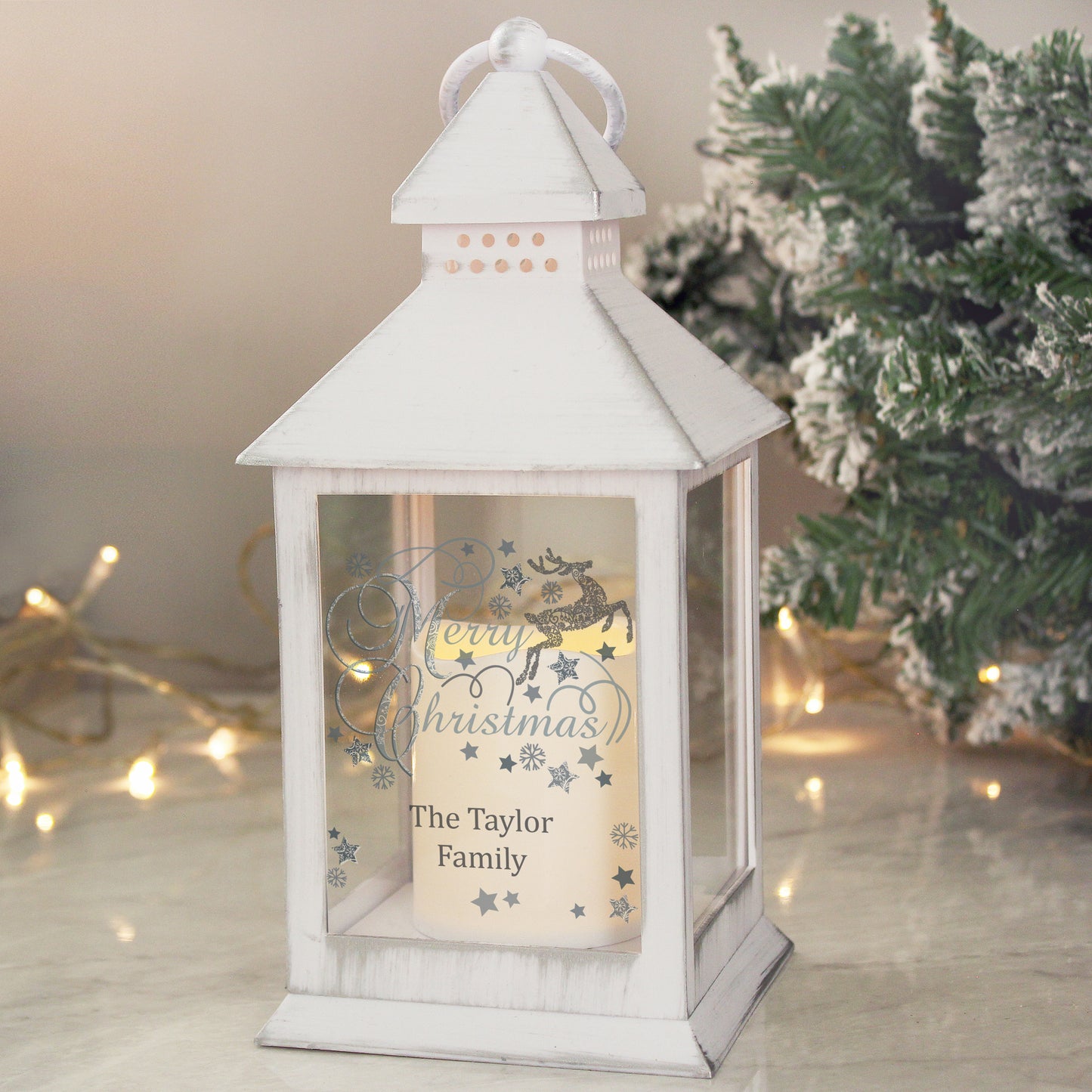 Personalised Silver Reindeer White Lantern from Heartfelt Gifts