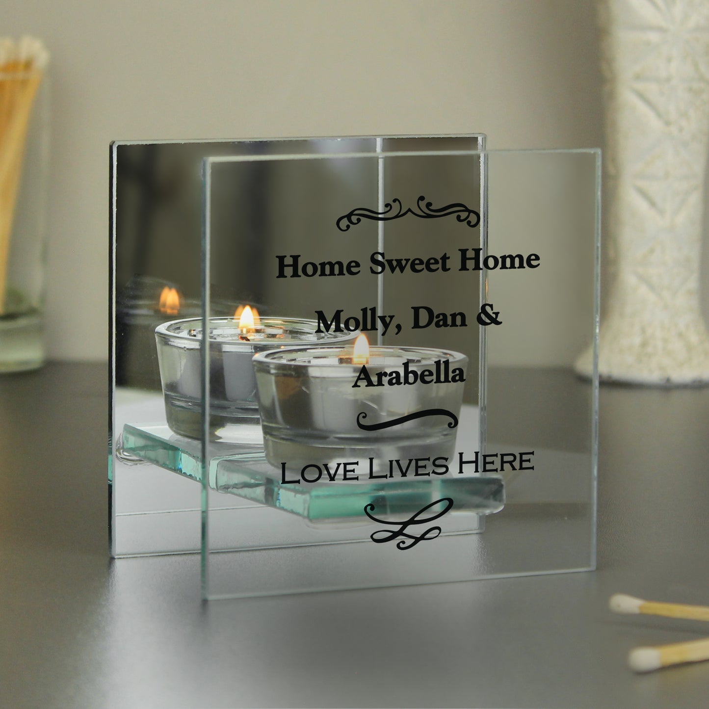 Personalised Antique Scroll Mirrored Glass Tea Light Candle Holder - image 2