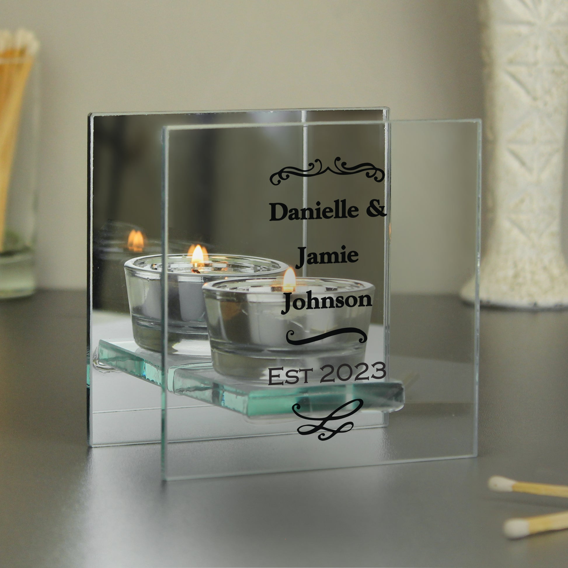 Personalised Antique Scroll Mirrored Glass Tea Light Candle Holder - image 3