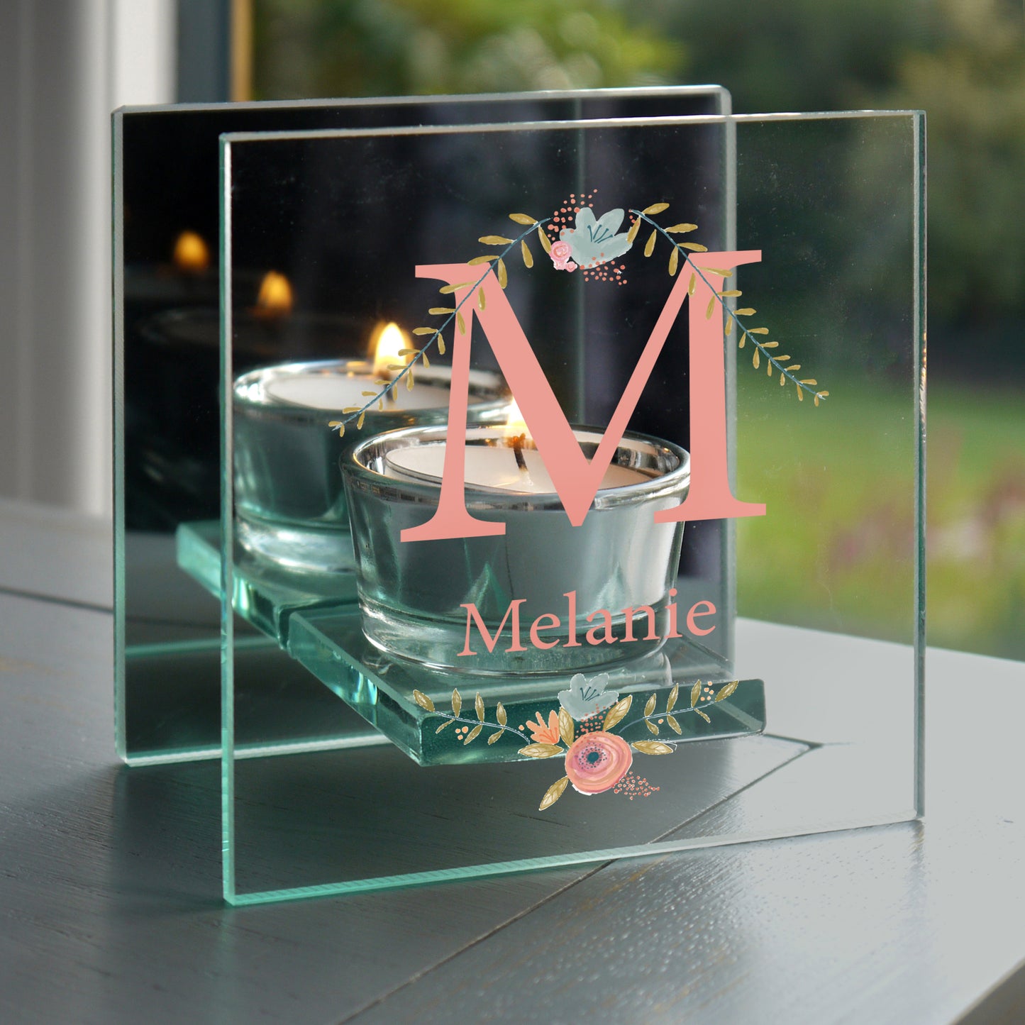 Personalised Floral Bouquet Mirrored Glass Tea Light Candle Holder from Heartfelt Gifts