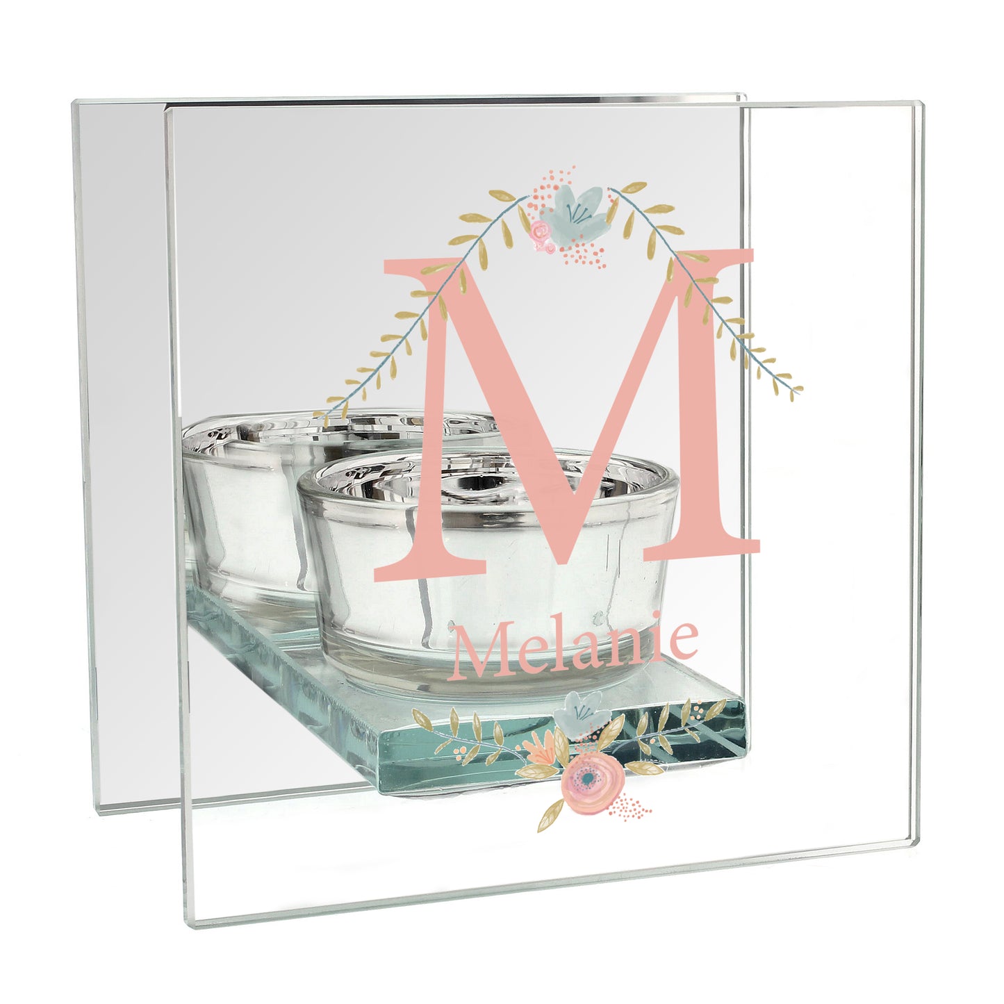 Personalised Floral Bouquet Mirrored Glass Tea Light Candle Holder - image 2