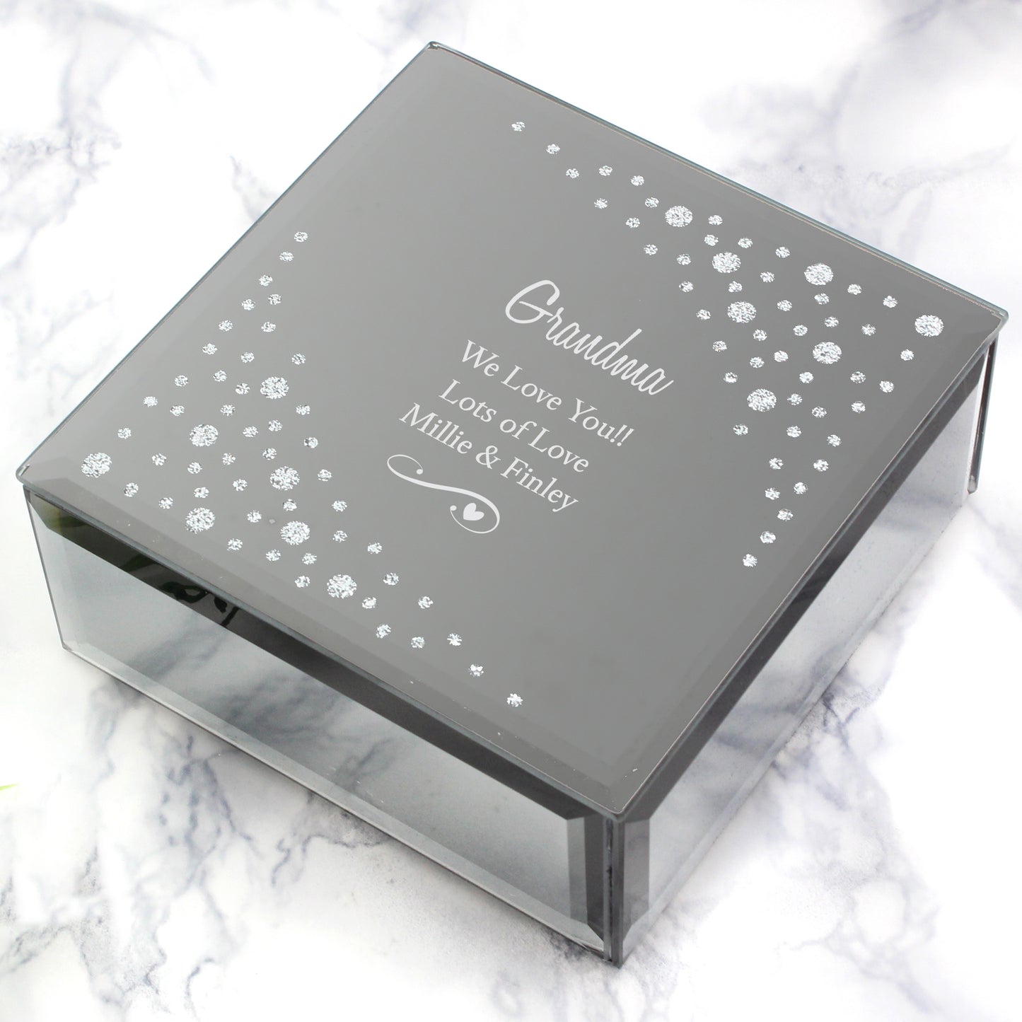 Personalised Any Message Swirls & Hearts Diamante Glass Trinket Box from Heartfelt Gifts