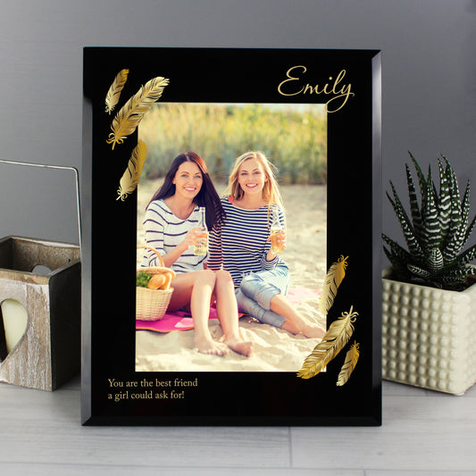 Personalised Golden Feather 5x7 Black Glass Photo Frame from Heartfelt Gifts